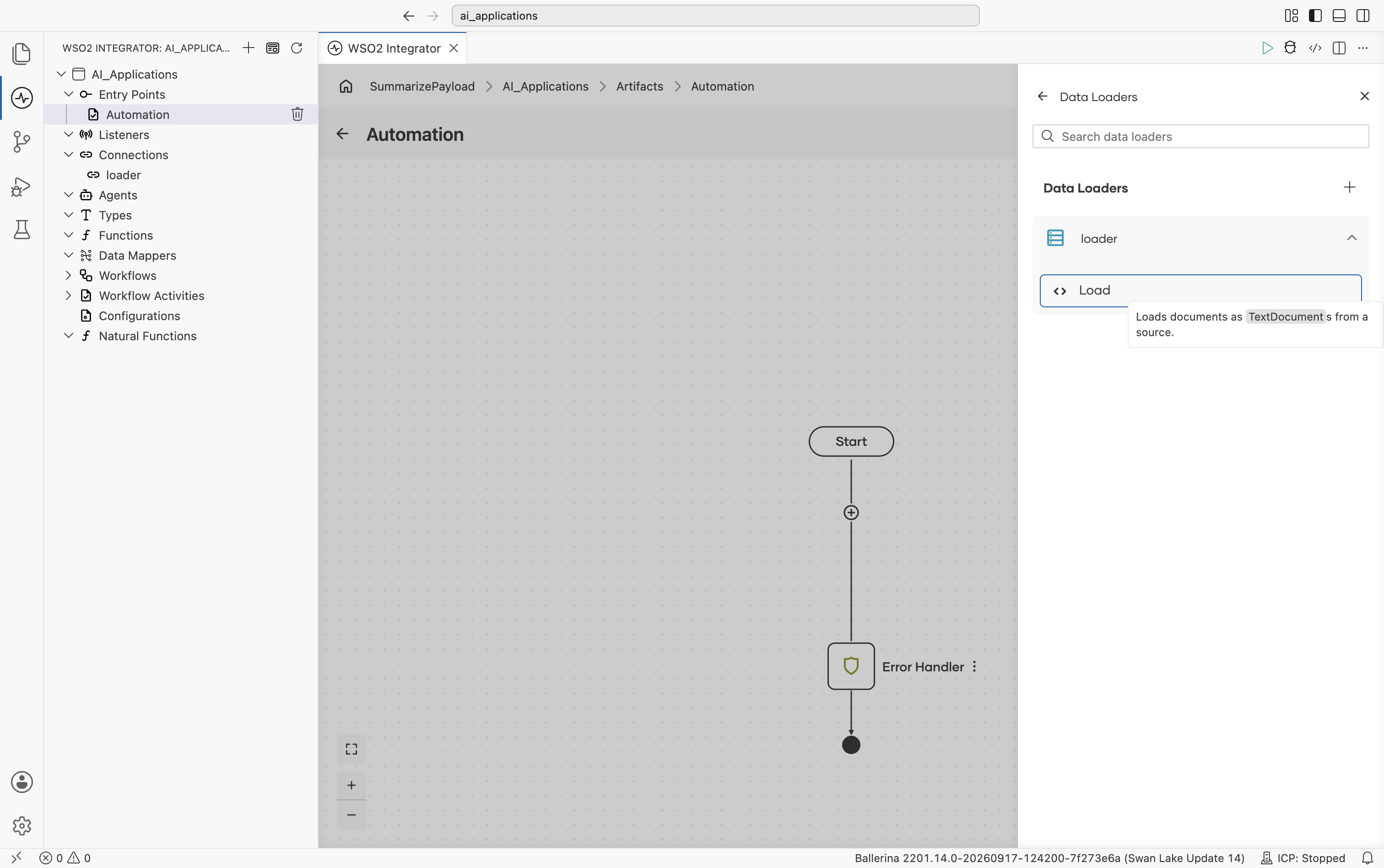 loader connection expanded showing the Load action with its tooltip.