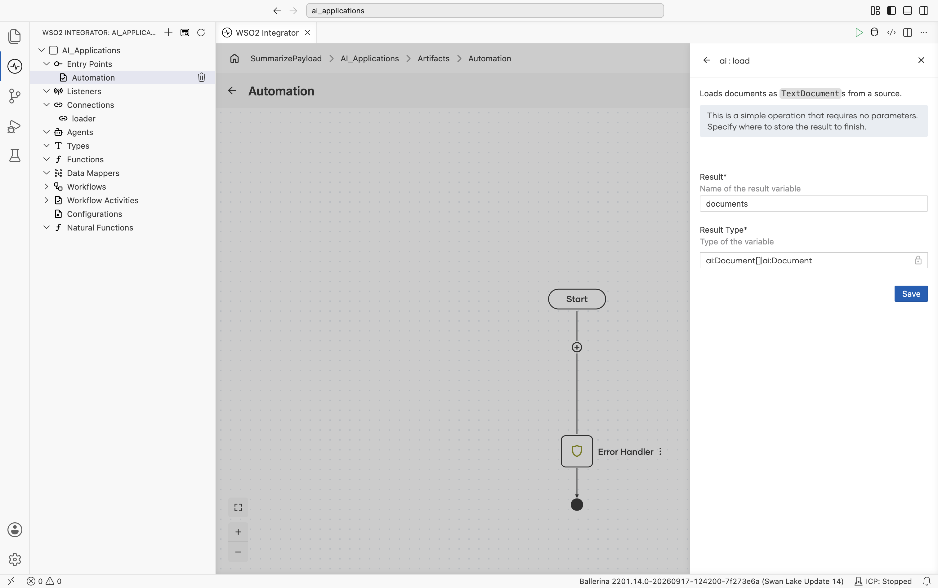Load action form with result variable name set to documents.