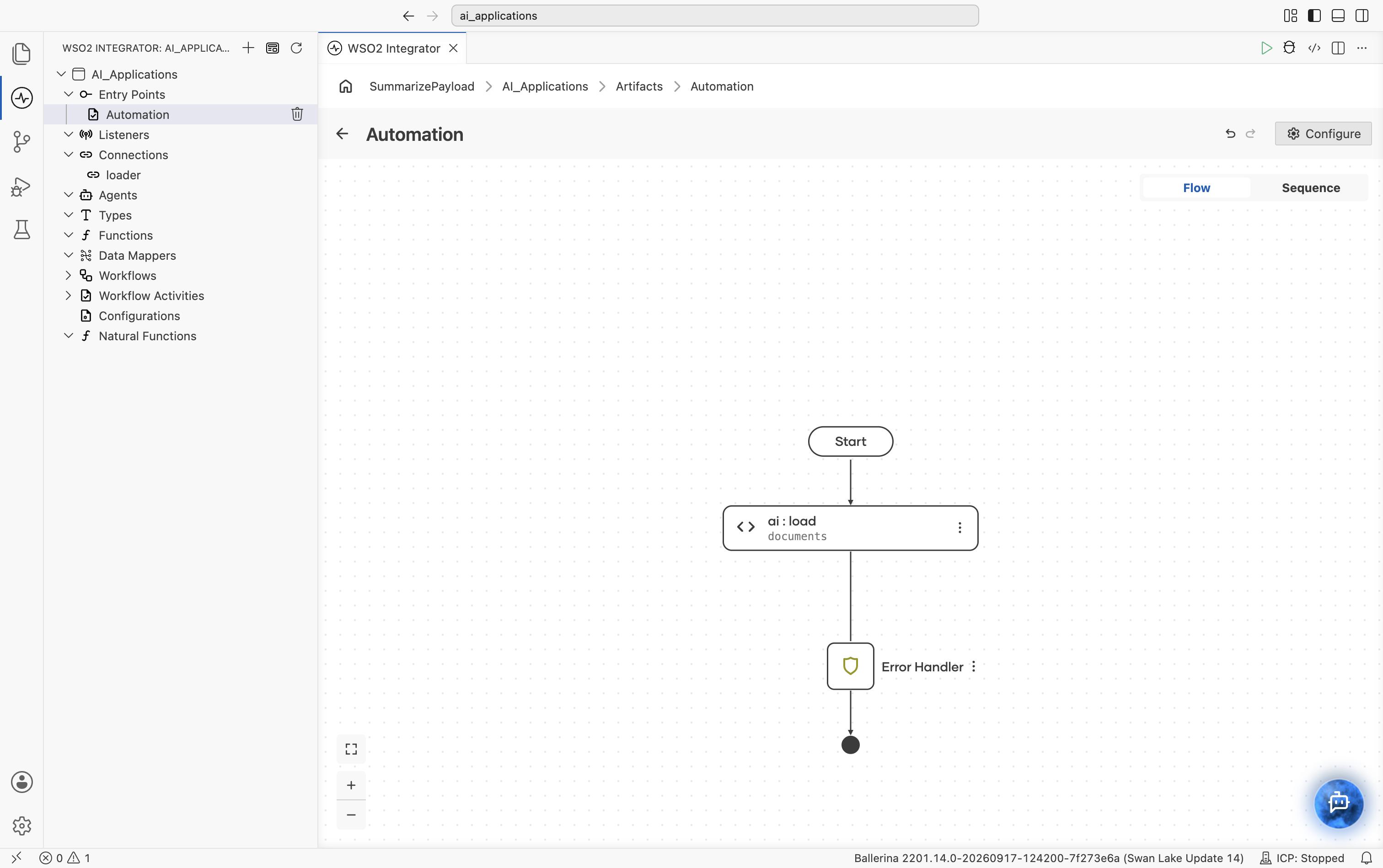 Flow editor showing the load action node added to the automation flow.