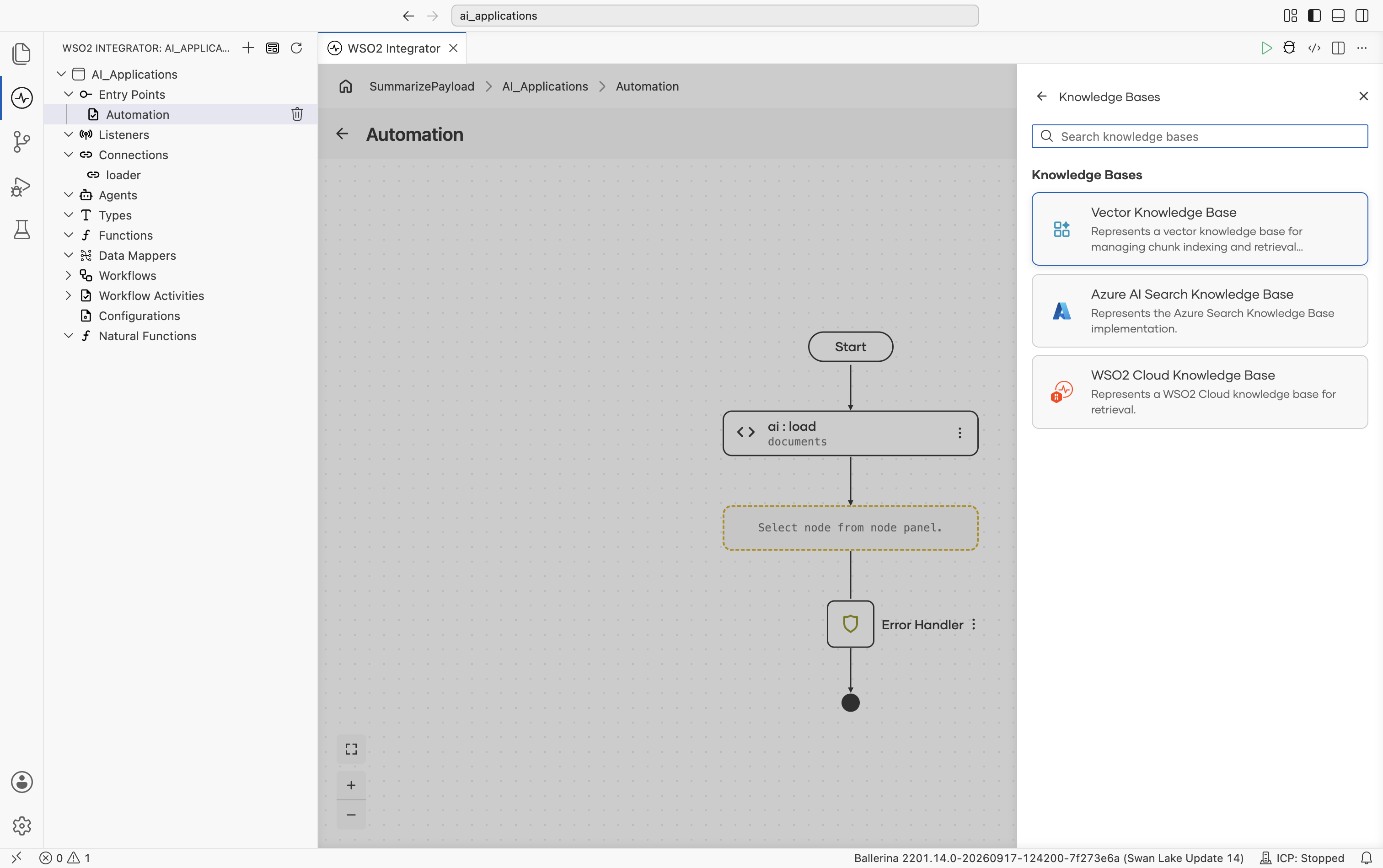 Knowledge Bases picker listing Vector Knowledge Base, Azure AI Search Knowledge Base, and WSO2 Cloud Knowledge Base.
