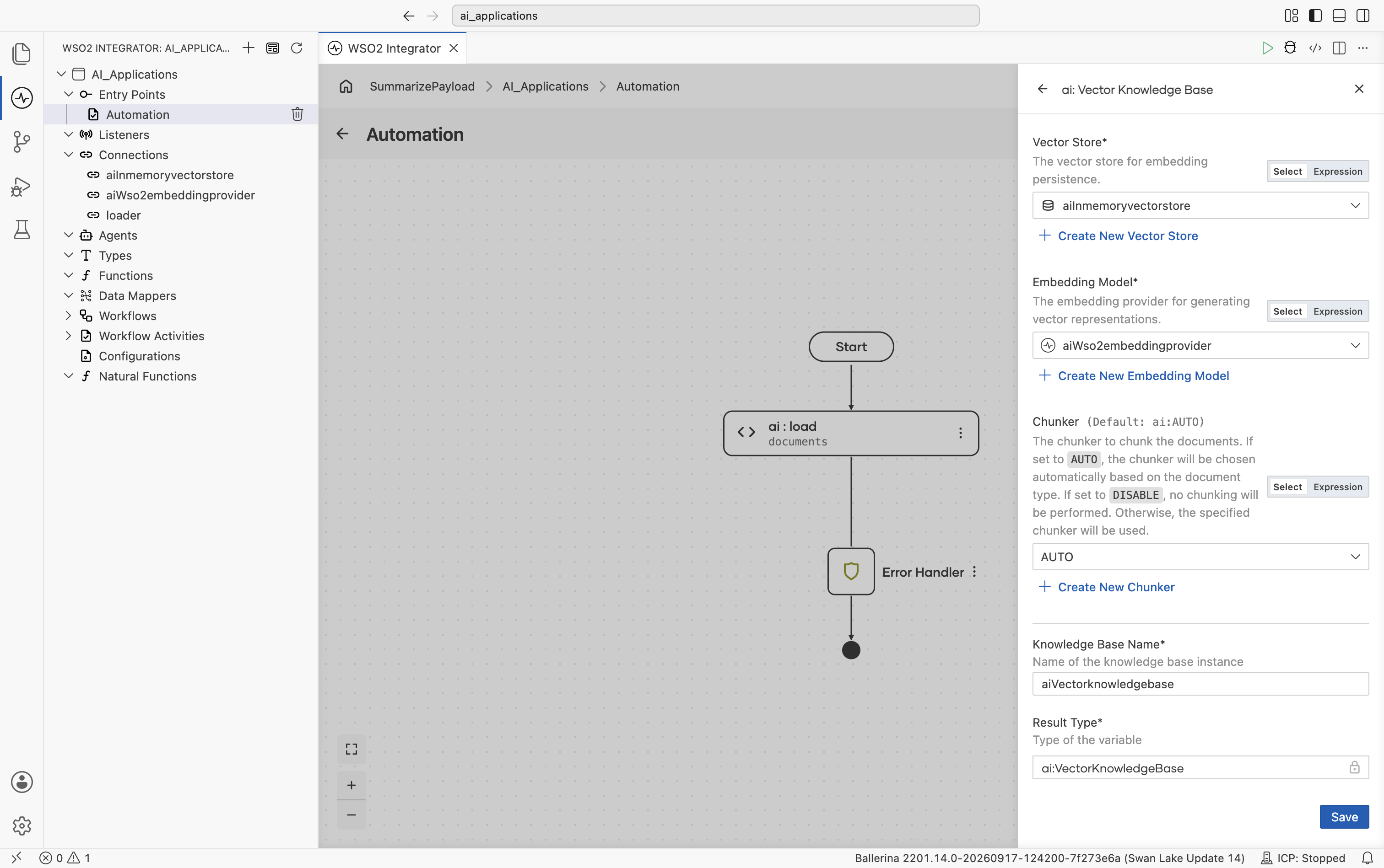 Completed ai : Vector Knowledge Base form with Vector Store, Embedding Model, Chunker set to AUTO, and Knowledge Base Name filled in.