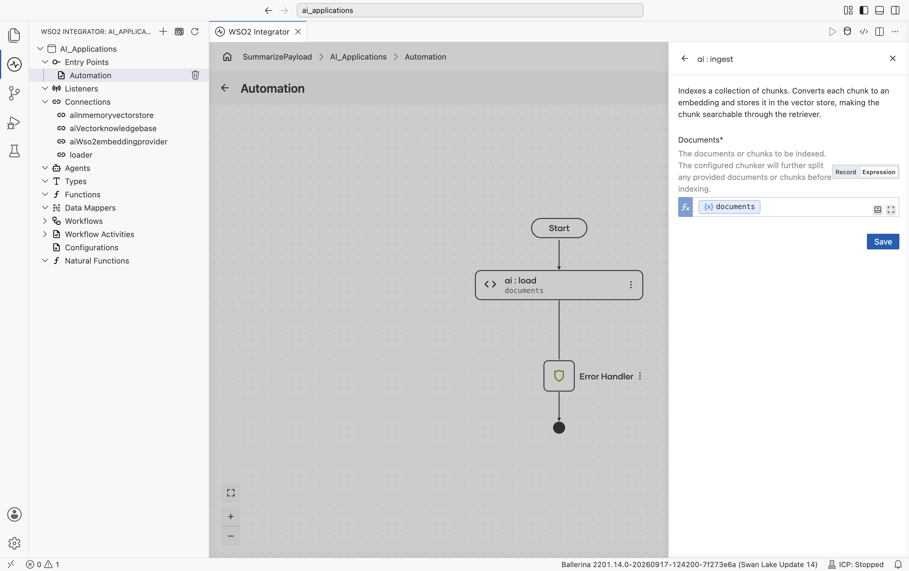 Ingest action form with the Documents field in Expression mode, set to the documents variable.