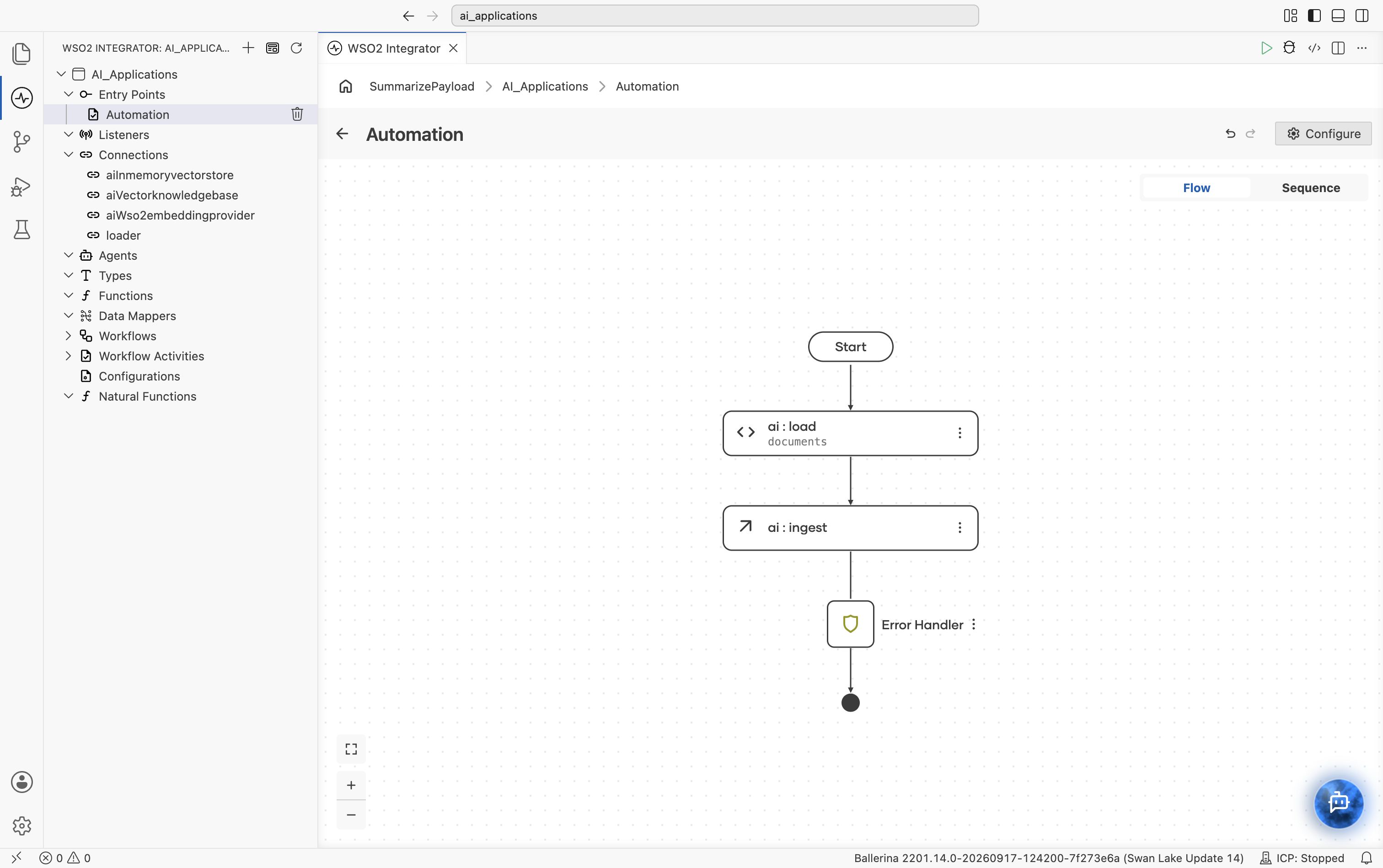 Flow editor showing the ingest node added after the knowledge base node.