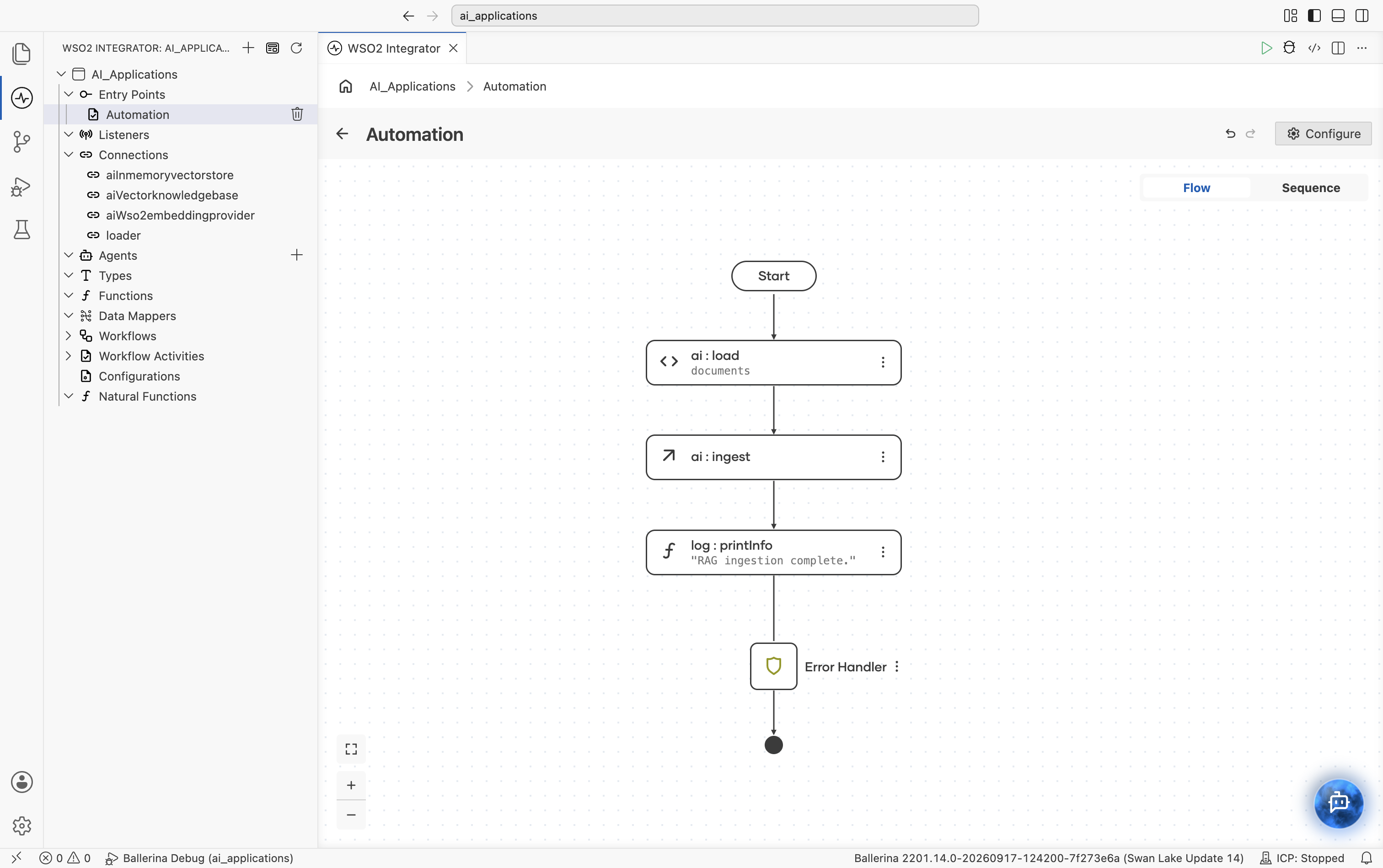 Completed RAG ingestion flow: Start, ai:load, ai:ingest, log:printInfo, and Error Handler.