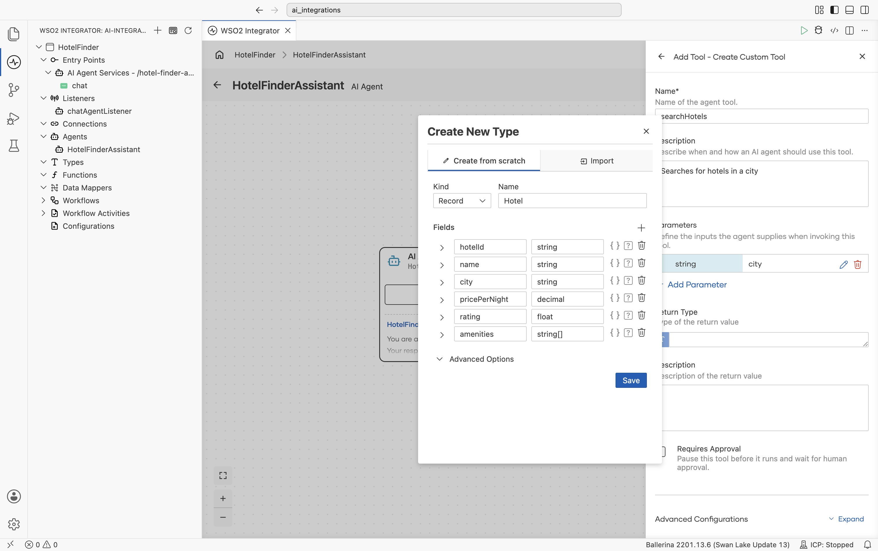 Create New Type dialog open over the Create Custom Tool form, with Kind set to Record and Name set to Hotel, showing all six fields