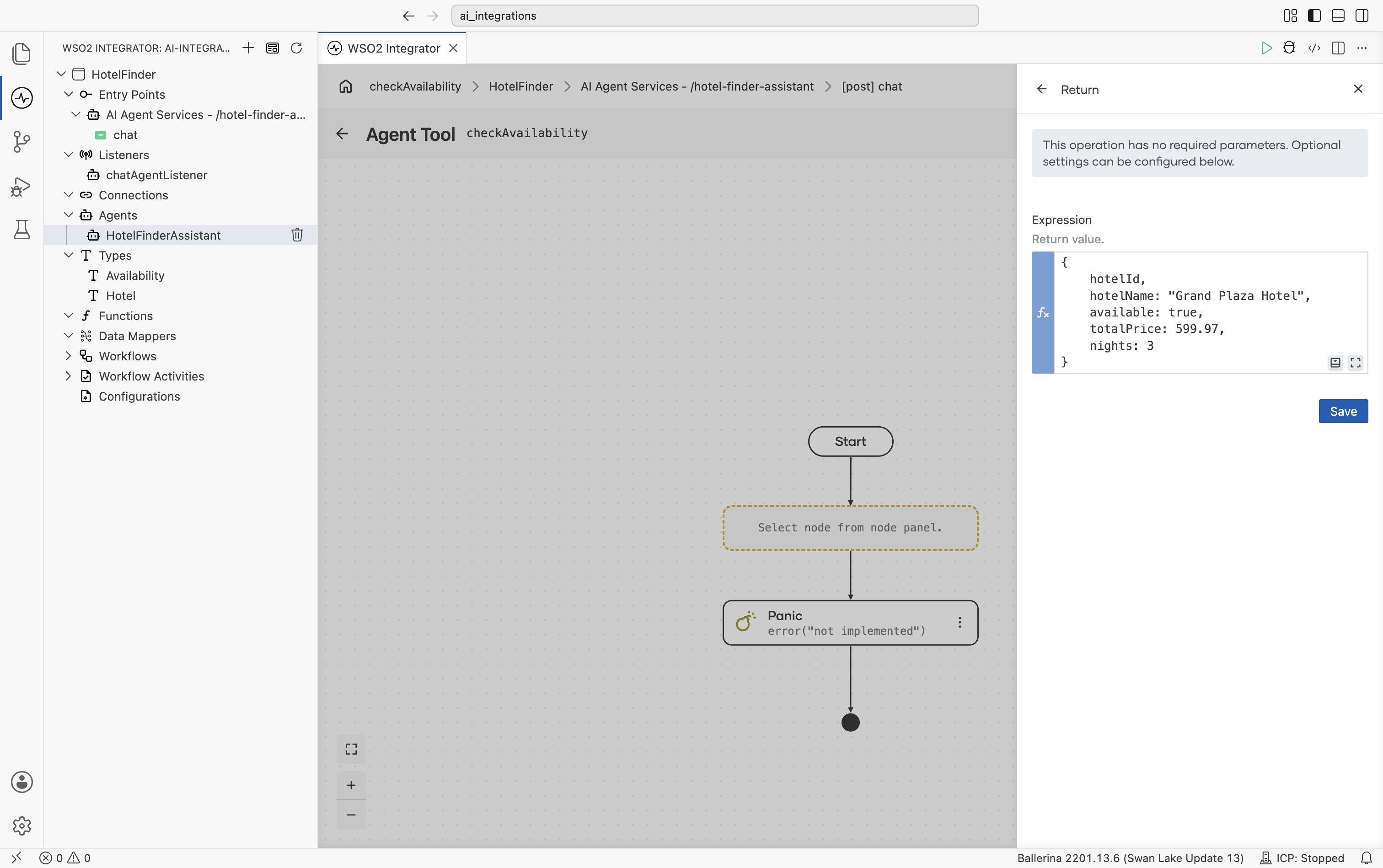 Return node configuration panel for checkAvailability with the hardcoded Availability record set as the Expression