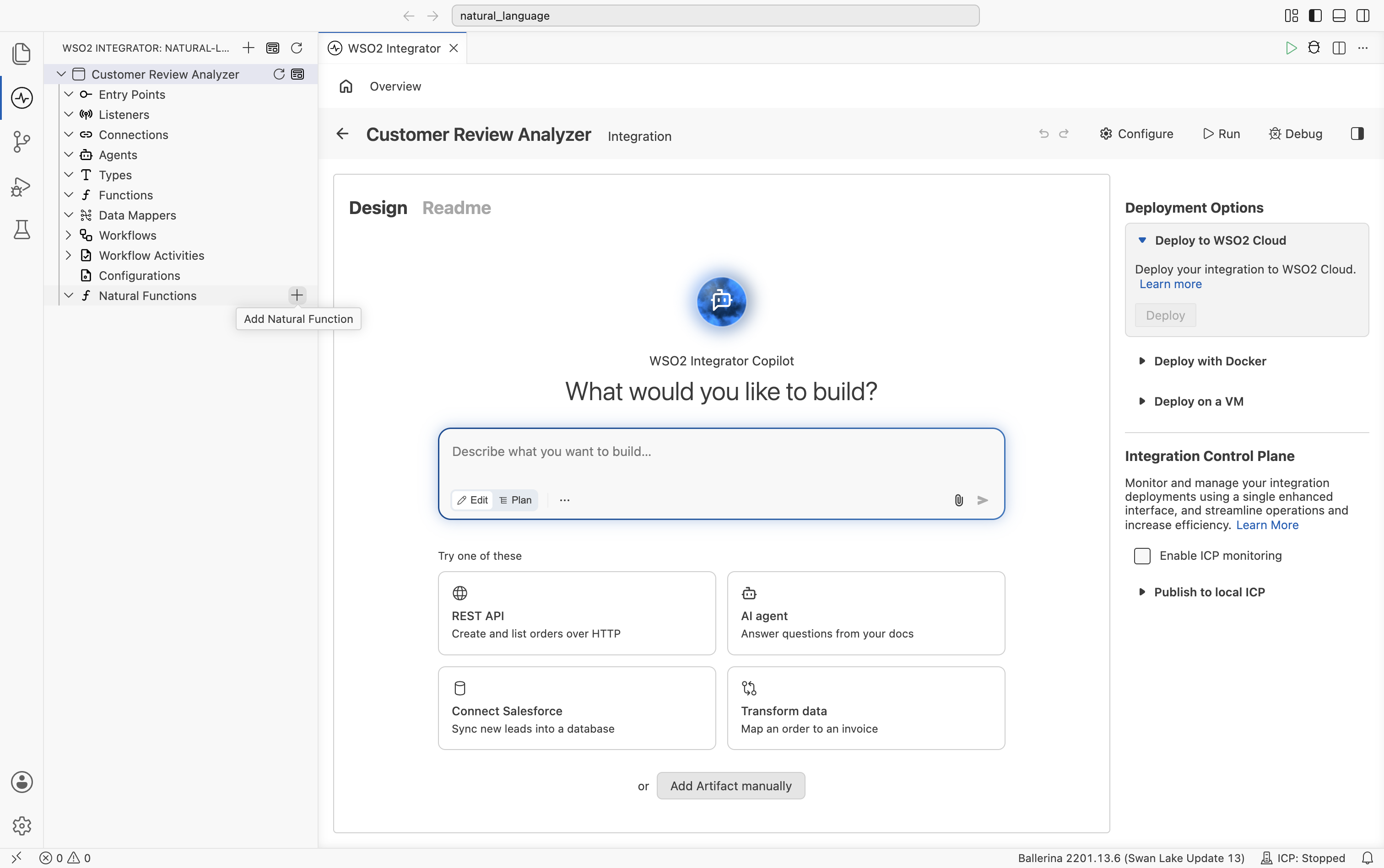 Project sidebar with the Natural Functions node hovered, showing the inline + button and an Add Natural Function tooltip.