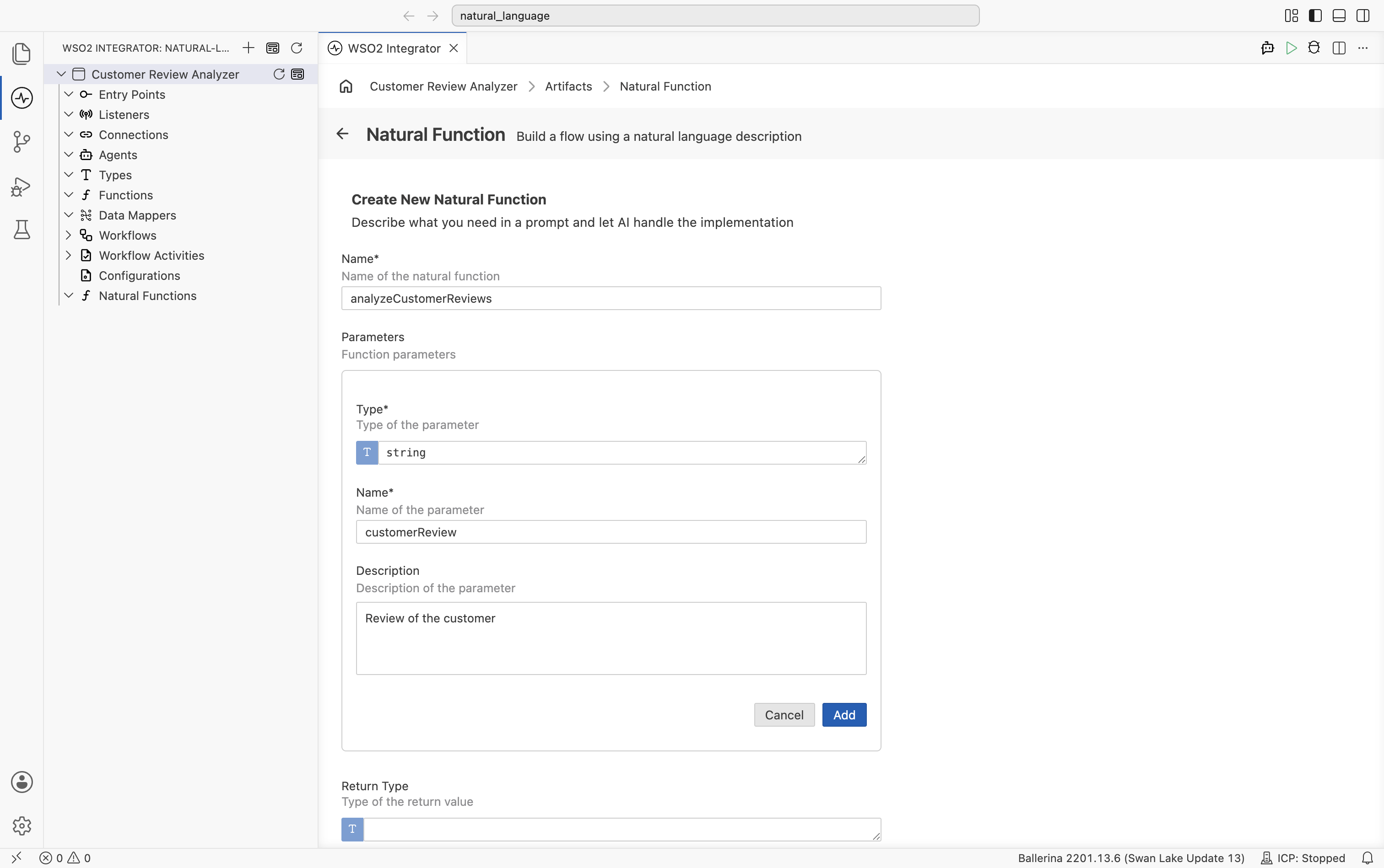 Add Parameter fields expanded inline with Type string, Name customerReview, Description "Review of the customer", Cancel and Add buttons.