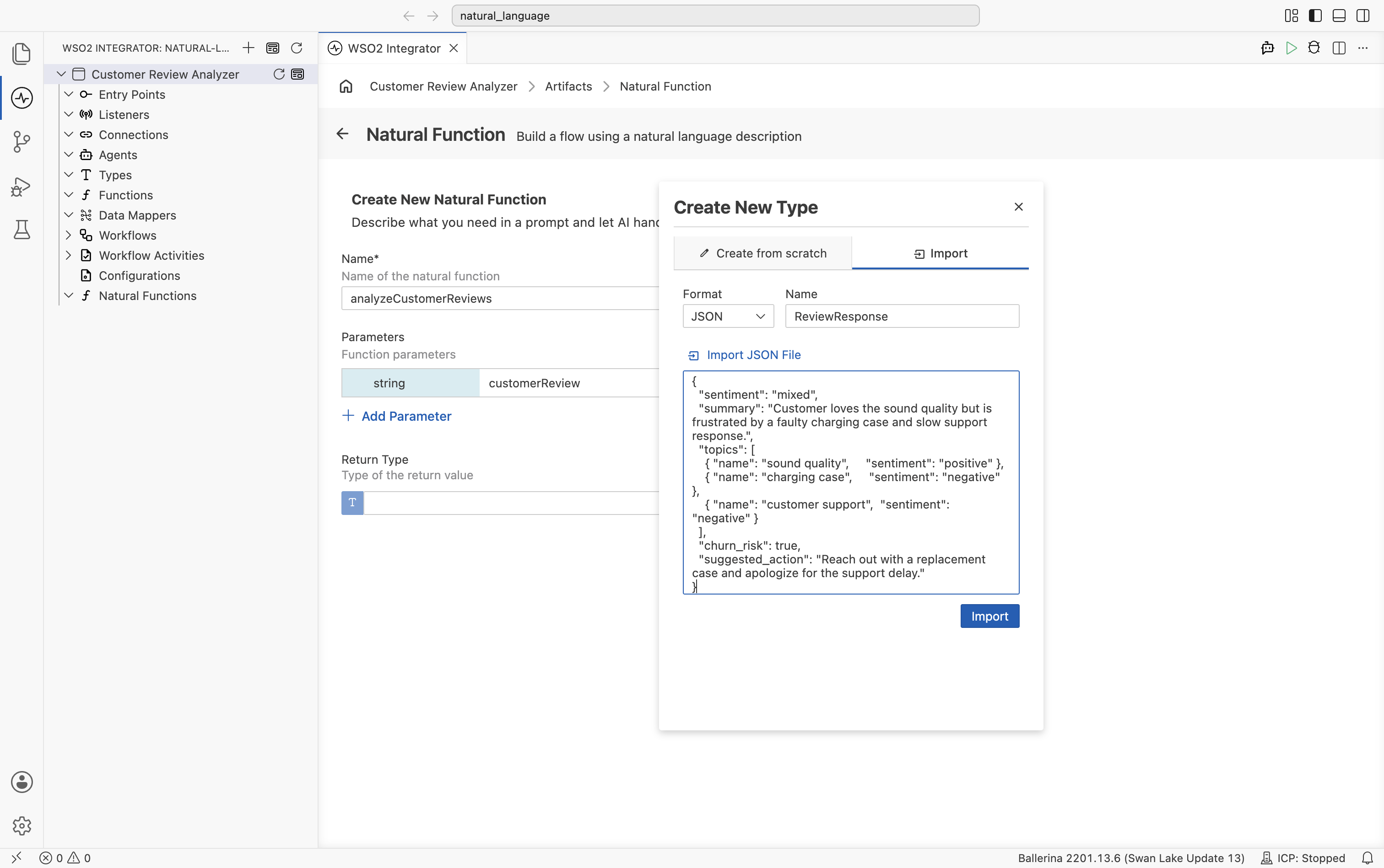 Create New Type dialog on the Import tab with Format JSON, Name ReviewResponse, an Import JSON File button, and the JSON sample pasted into the textarea.
