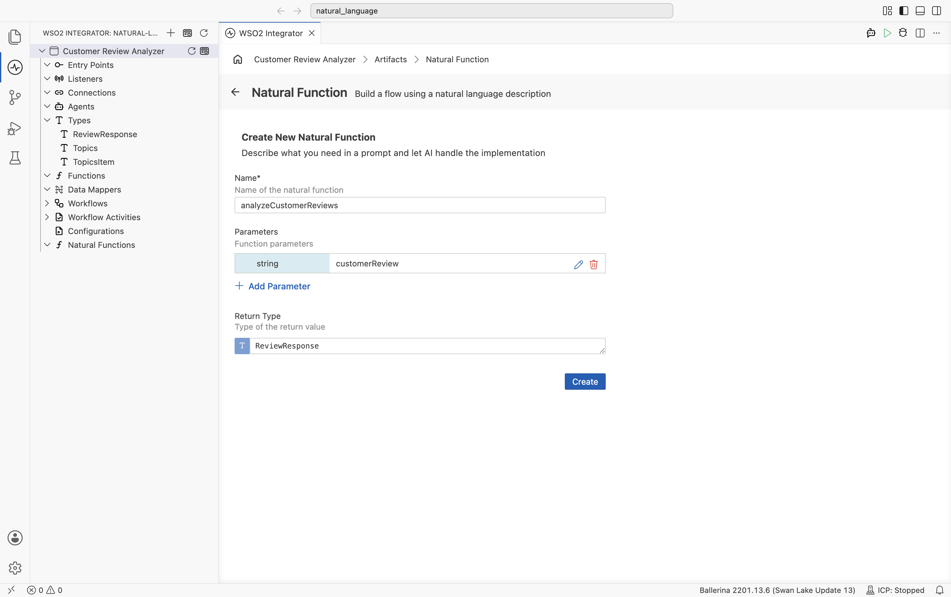 Completed Create New Natural Function form with the customerReview parameter (edit/delete icons) and Return Type set to ReviewResponse, ready to select Create.