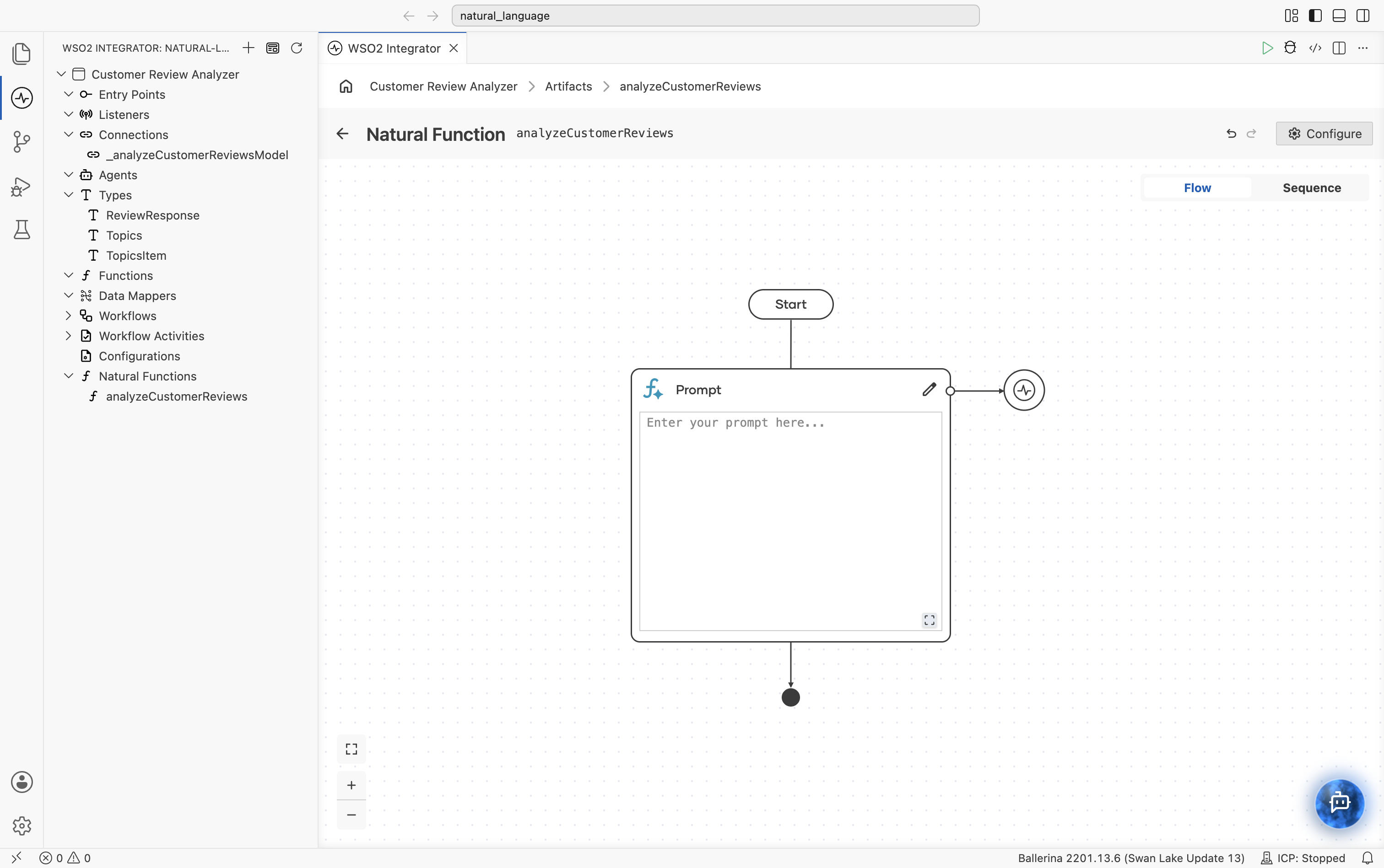 Natural function flow with Start, an empty Prompt node ("Enter your prompt here..."), a pencil icon, and a circular connection icon linked to the node.