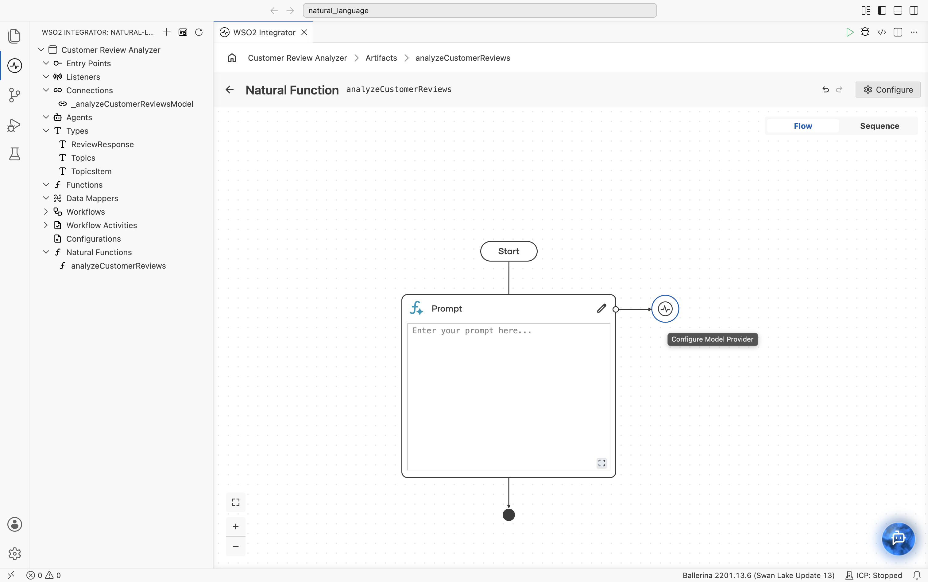 Prompt node with the circular connection icon highlighted (blue border) and a tooltip reading "Configure Model Provider".