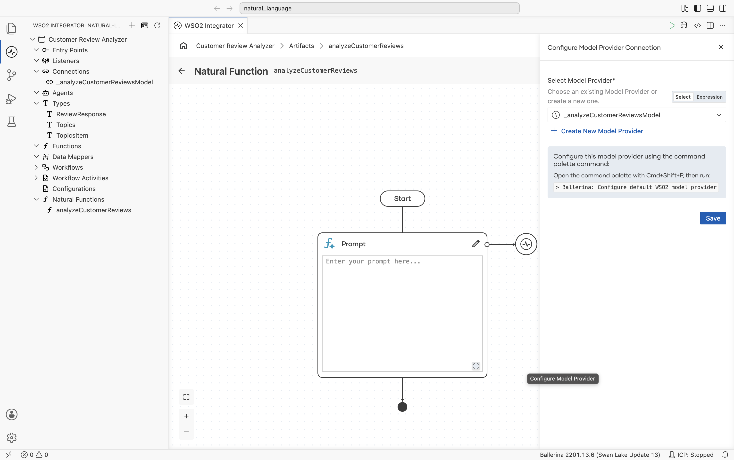 Configure Model Provider Connection panel with Select Model Provider set to _analyzeCustomerReviewsModel, "+ Create New Model Provider" link, a hint about the Configure default WSO2 model provider command, and a Save button.