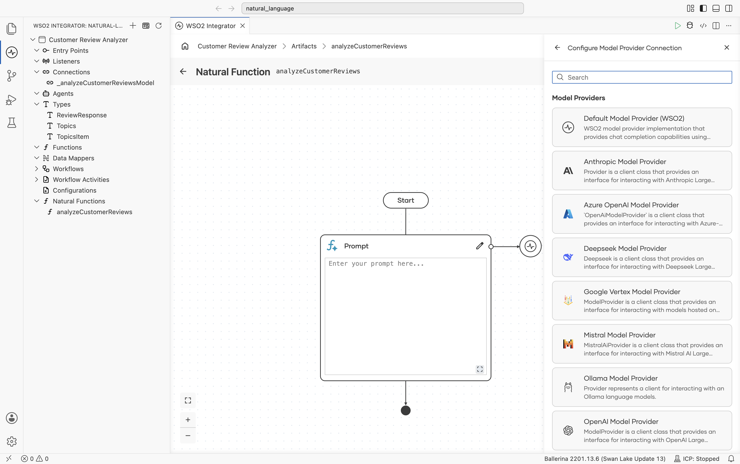 Model Providers picker listing Default Model Provider (WSO2), Anthropic, Azure OpenAI, Deepseek, Google Vertex, Mistral, Ollama, OpenAI.