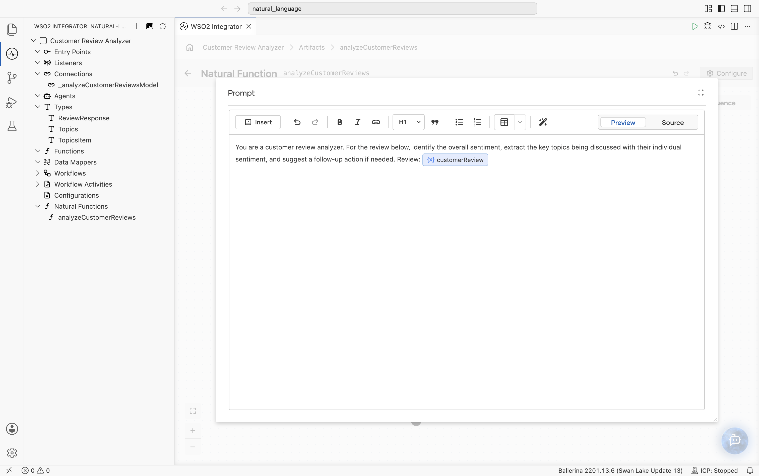 Prompt editor with the prompt typed and the customerReview parameter shown as a token pill.
