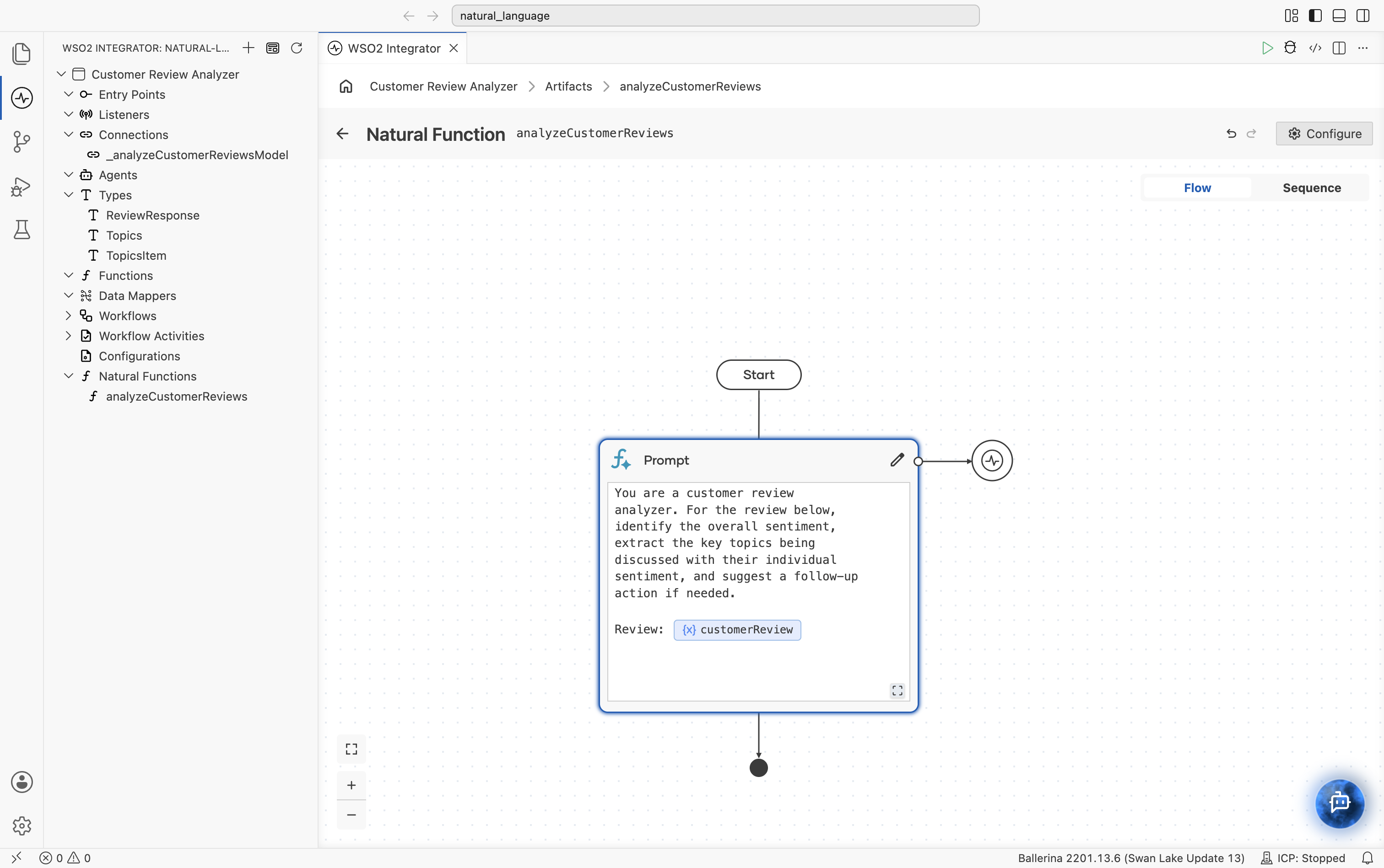Prompt node showing the saved prompt body inline, connected to the model provider's circular icon.