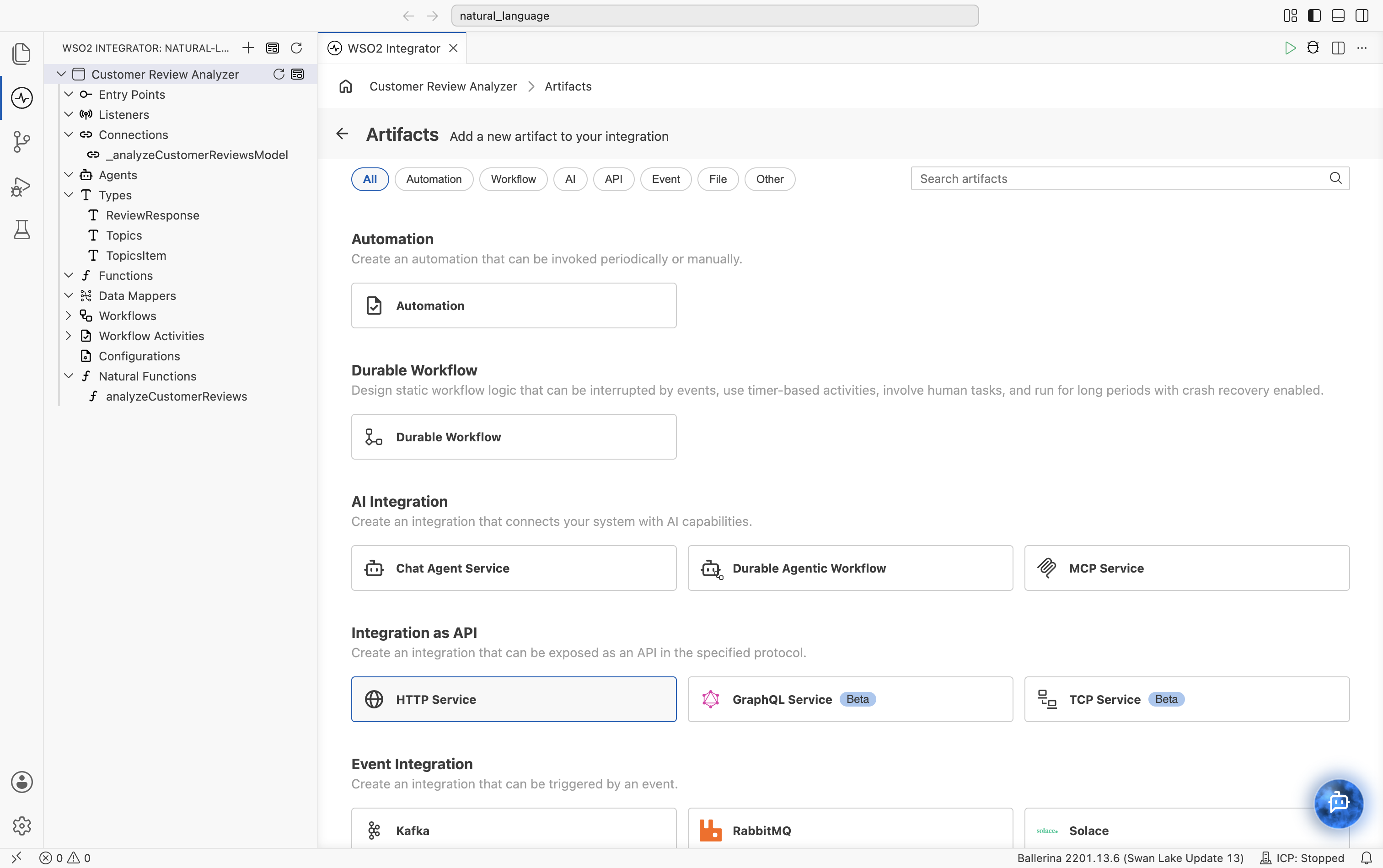 Artifacts page showing Automation, Durable Workflow, AI Integration (Chat Agent Service, Durable Agentic Workflow, MCP Service), Integration as API (HTTP Service highlighted, GraphQL Service Beta, TCP Service Beta), and Event Integration.