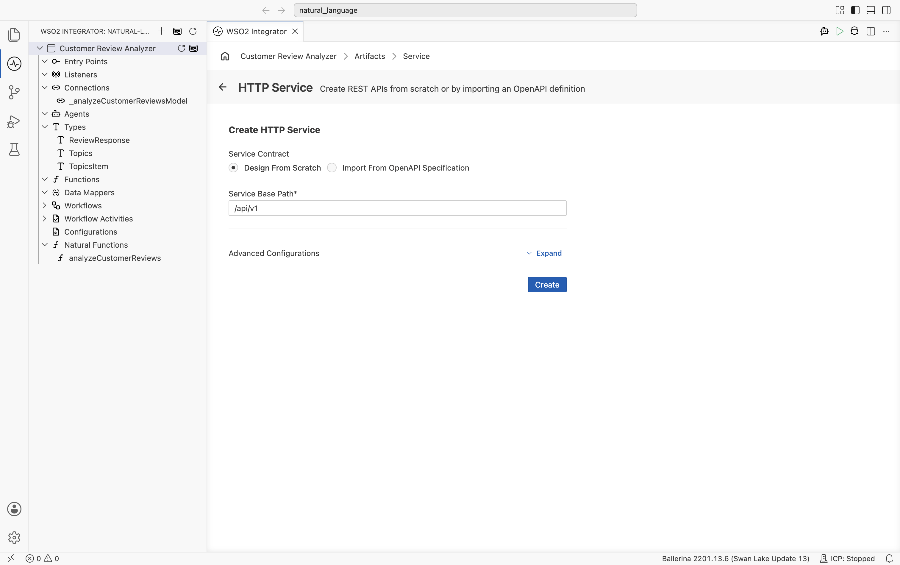 Create HTTP Service form with Service Contract Design From Scratch, Service Base Path /api/v1, Advanced Configurations Expand link, and Create button.