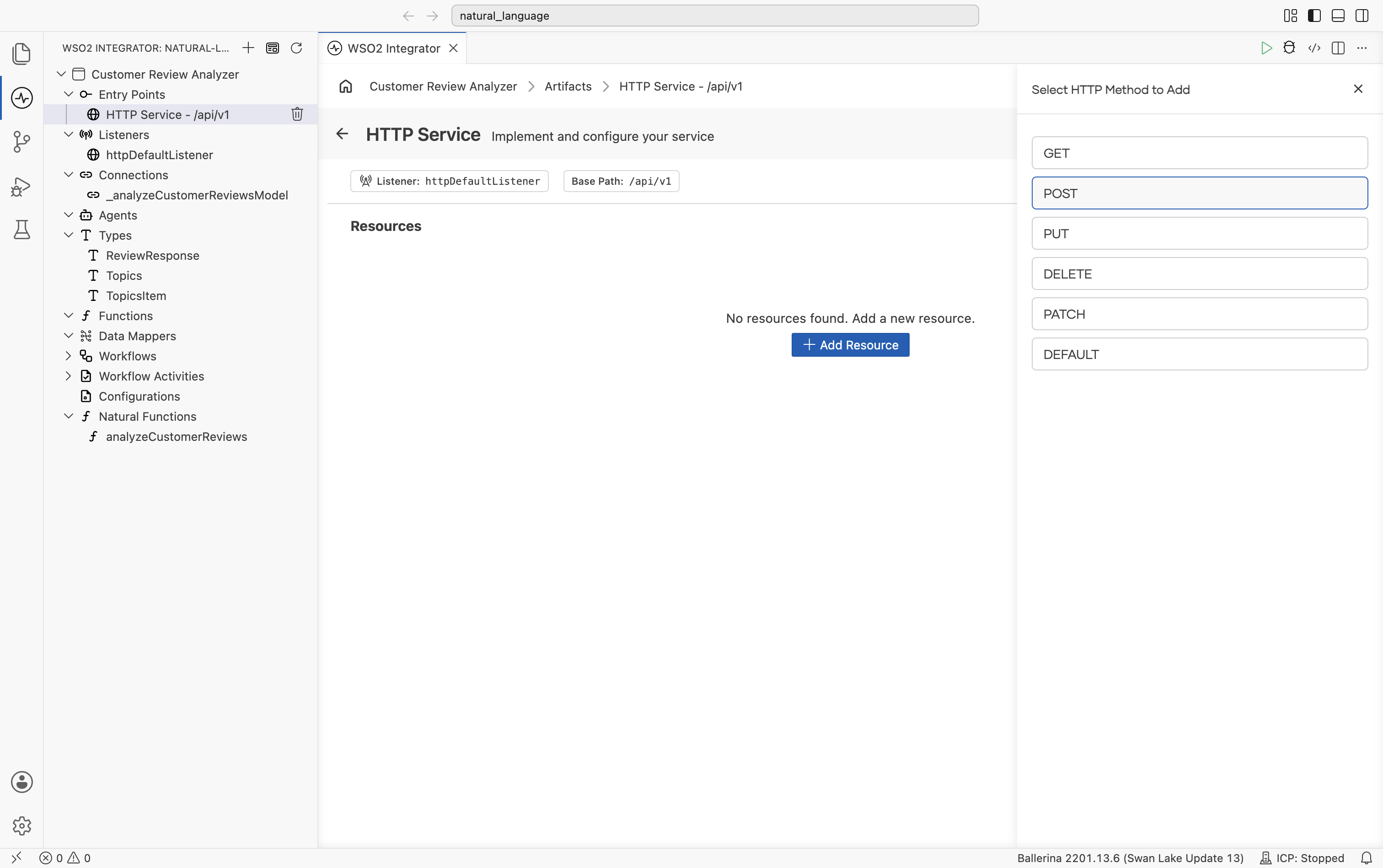 HTTP Service editor with Listener httpDefaultListener, Base Path /api/v1, no resources yet, and the Select HTTP Method to Add picker open with POST highlighted.
