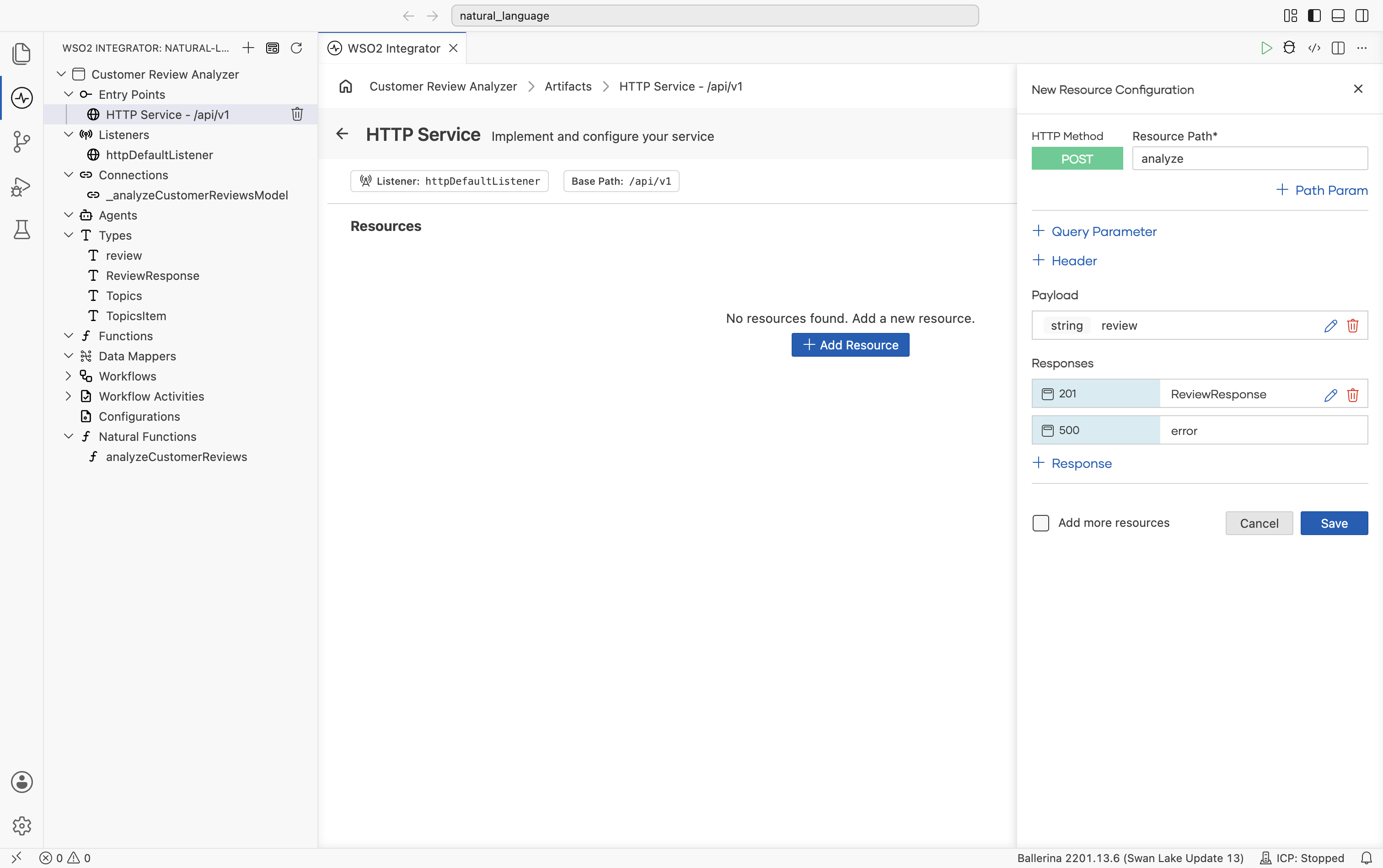 Resource Configuration panel with HTTP Method POST, Resource Path analyze, a string review payload, and Responses 201 ReviewResponse / 500 error. Save button at the bottom right.