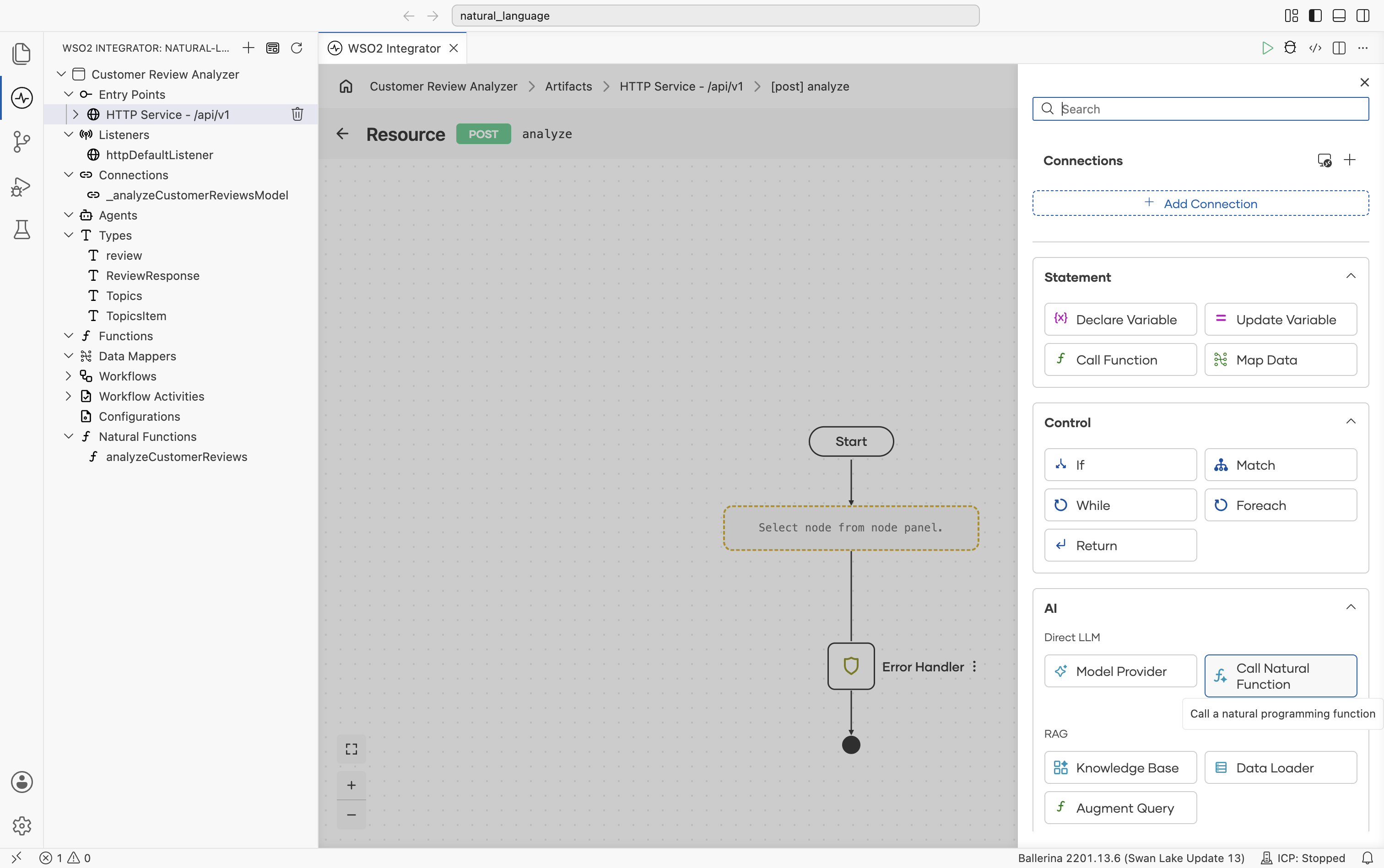 Add Node panel with AI category expanded, showing Direct LLM (Model Provider, Call Natural Function) and RAG nodes. The Call Natural Function tile is highlighted with a Call a natural programming function tooltip.