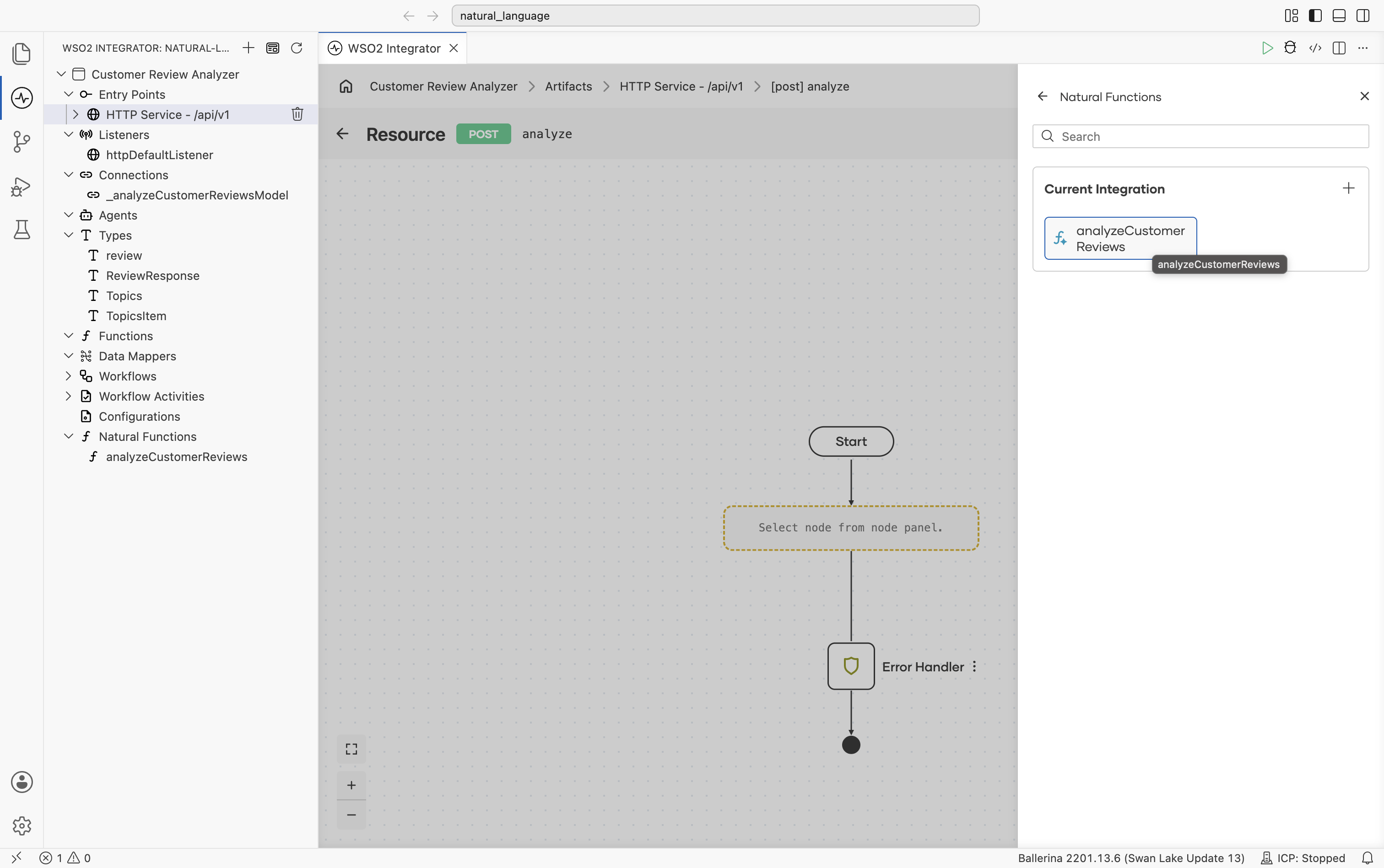Natural Functions picker with a Search box and a Current Integration section showing the analyzeCustomerReviews tile.