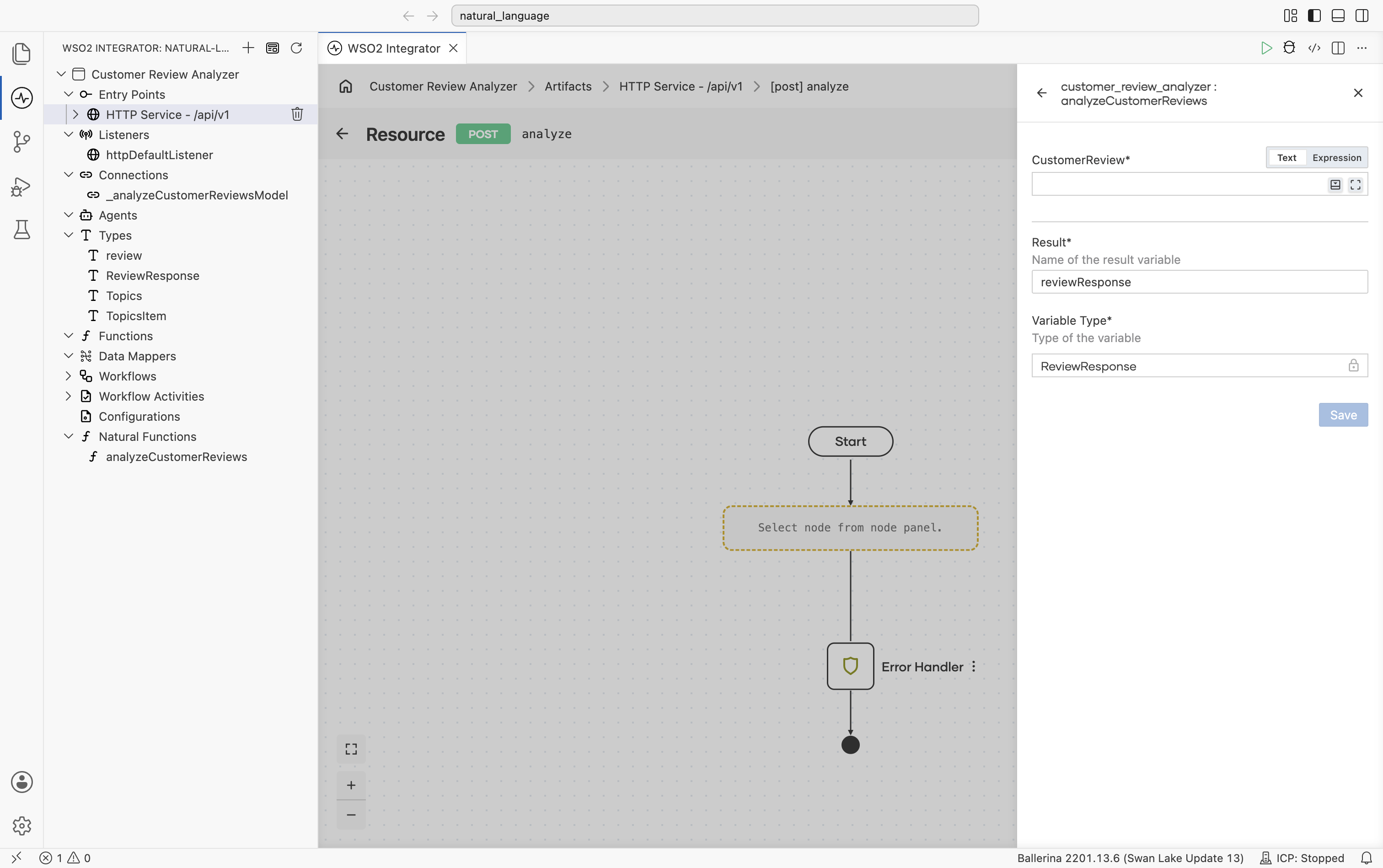 Configuration form for the analyzeCustomerReviews call: empty CustomerReview field with Text/Expression toggle, Result name reviewResponse, Variable Type ReviewResponse (locked), Save button disabled.