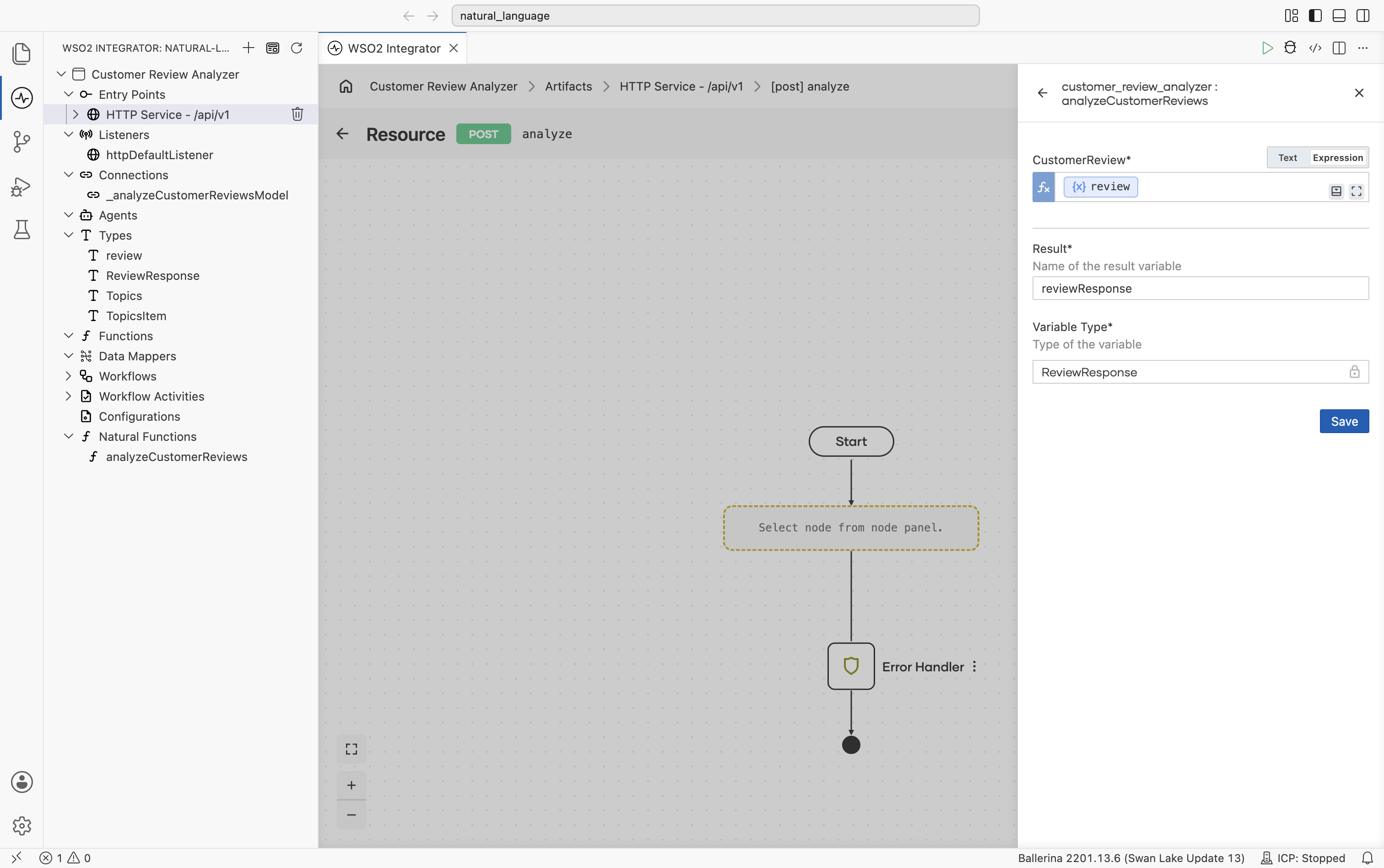 Configuration form filled in: CustomerReview in Expression mode bound to review (variable pill), Result reviewResponse, Variable Type ReviewResponse, Save button enabled.