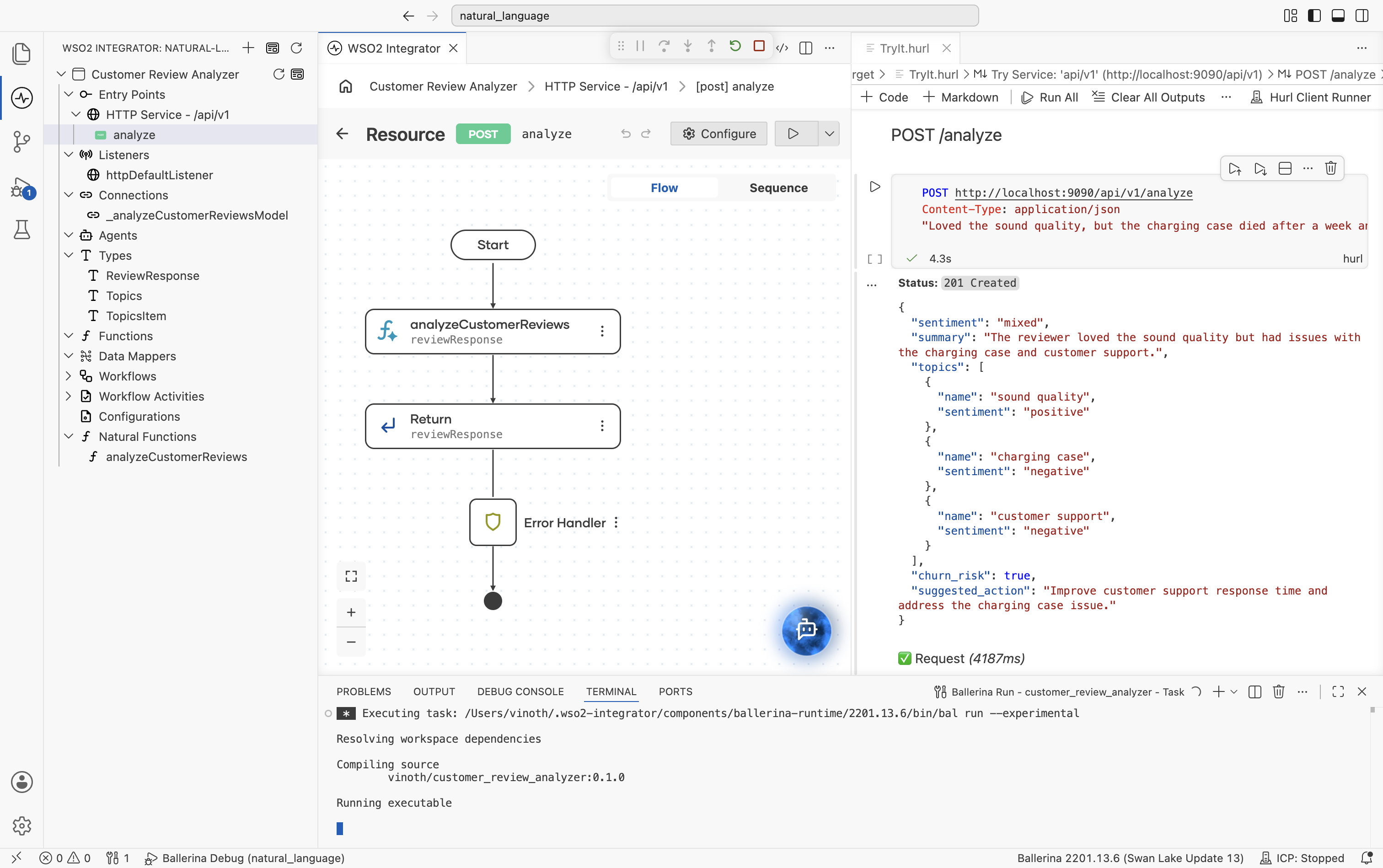 TryIt.hurl showing the POST /api/v1/analyze request and the structured ReviewResponse (sentiment, summary, per-topic sentiment, churn_risk, and suggested_action) returned below it.