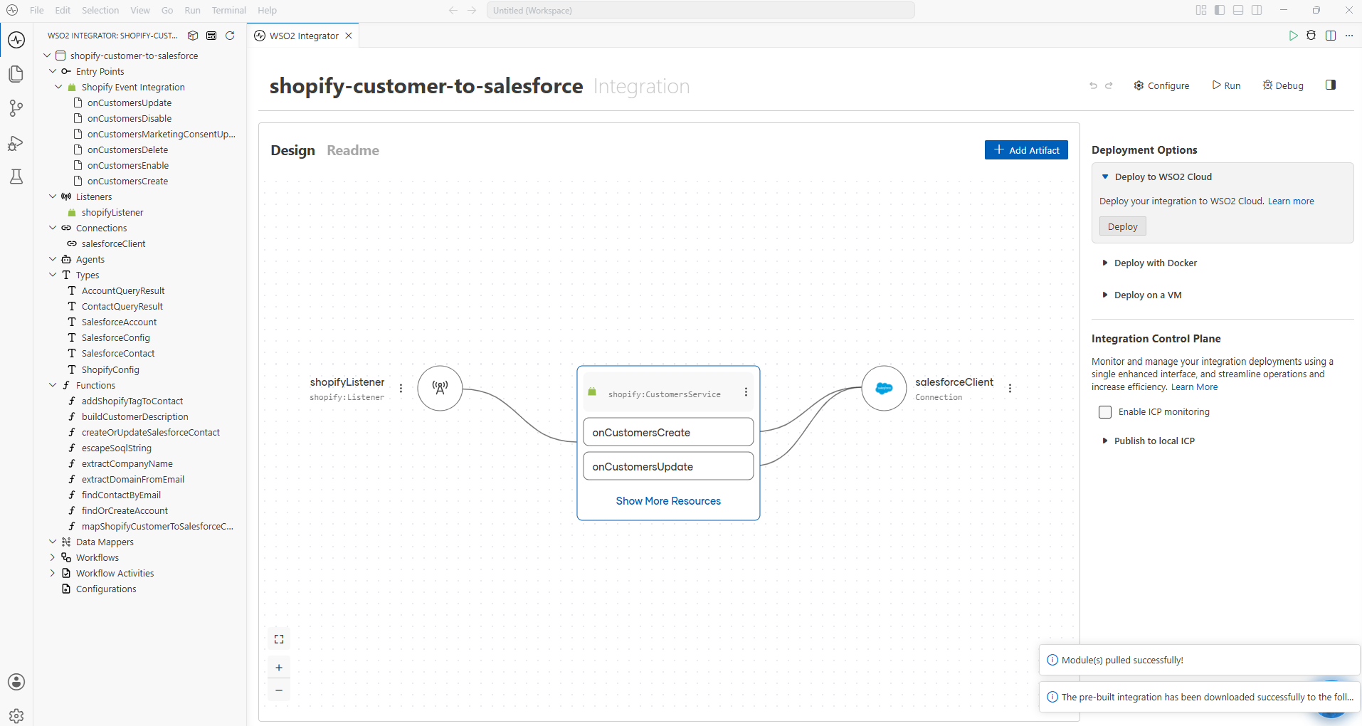 Pre-built integration open in the Design view with its artifacts listed in the side panel