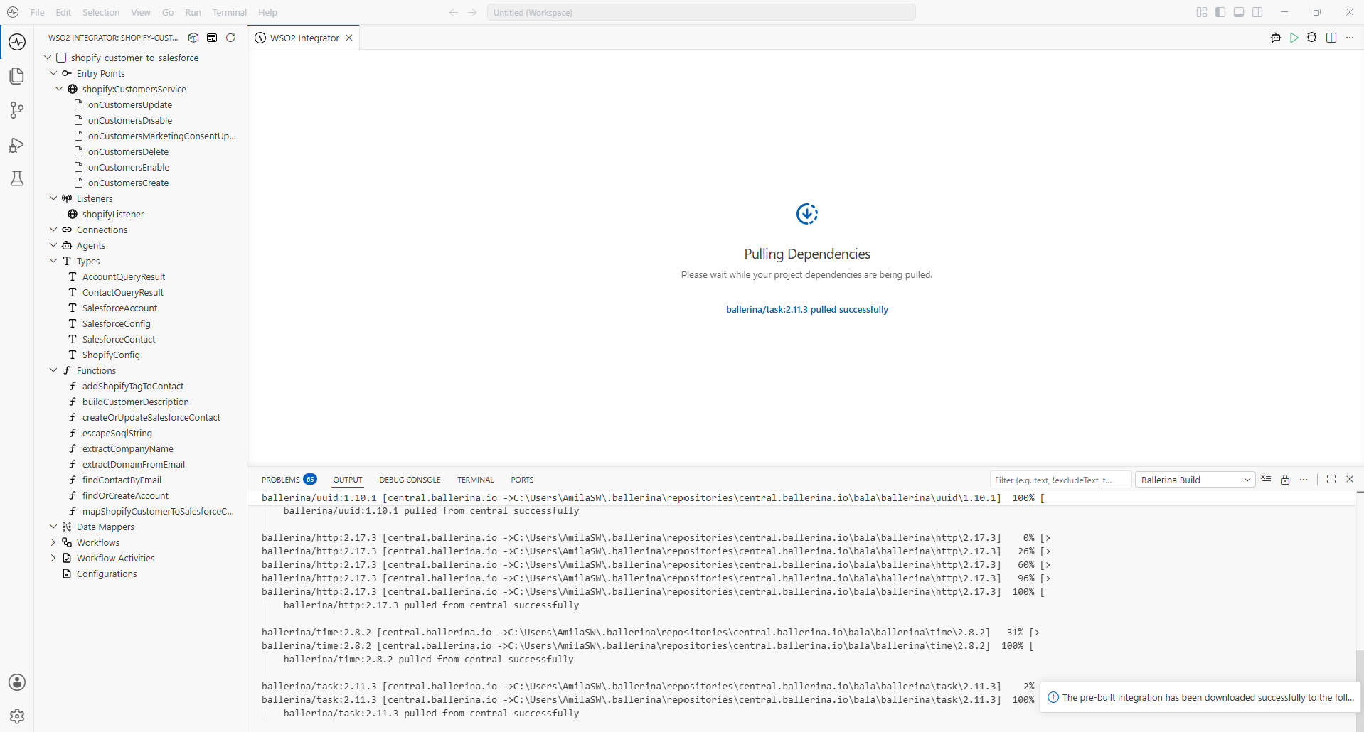Pulling Dependencies screen shown while the integration's modules are pulled