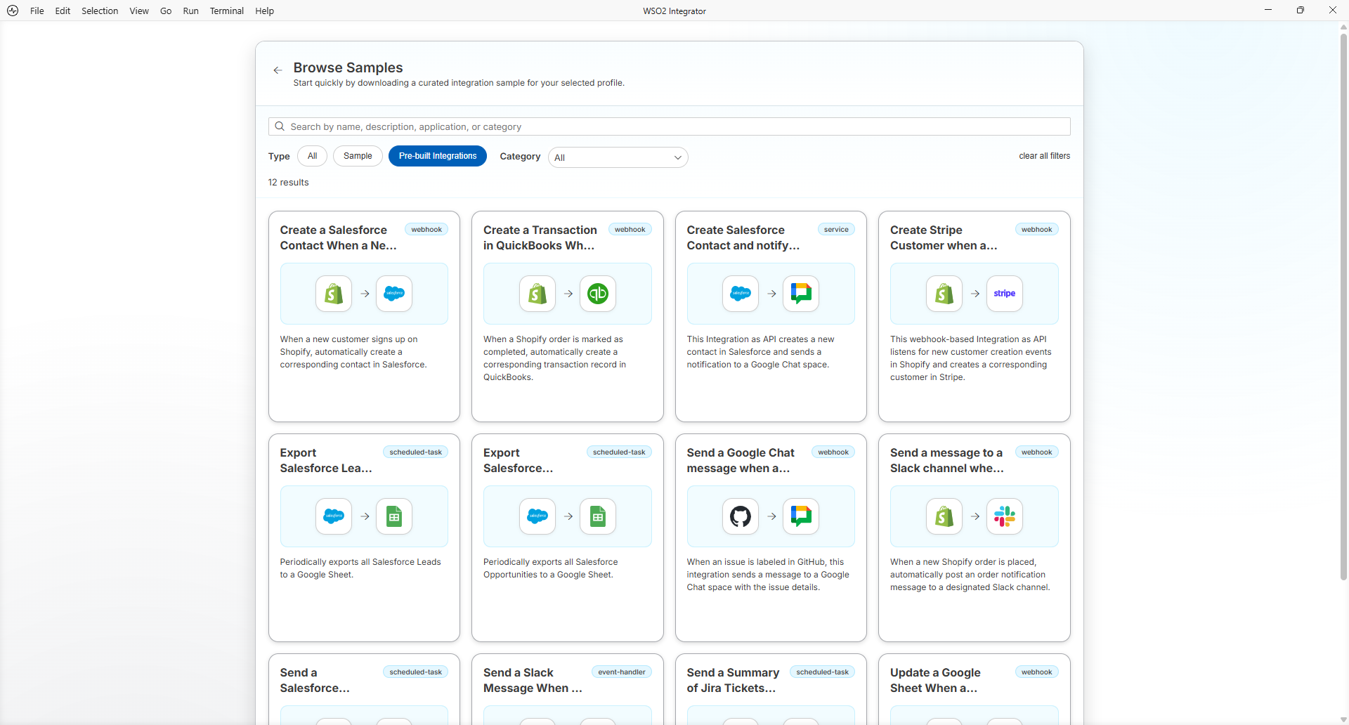 Browse Samples view filtered to Pre-built Integrations