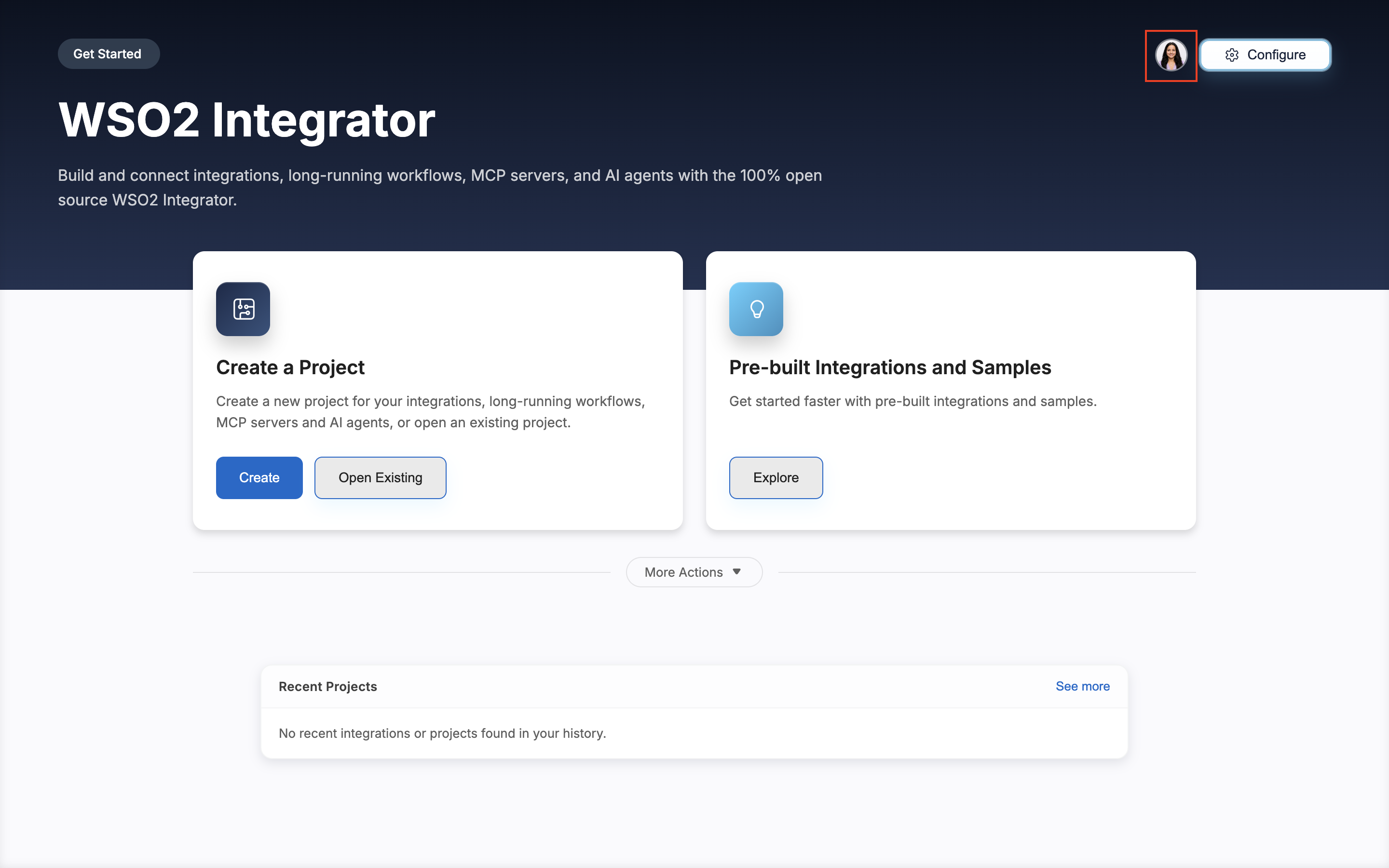 WSO2 Integrator Get Started page after sign-in showing the account avatar in the top-right corner