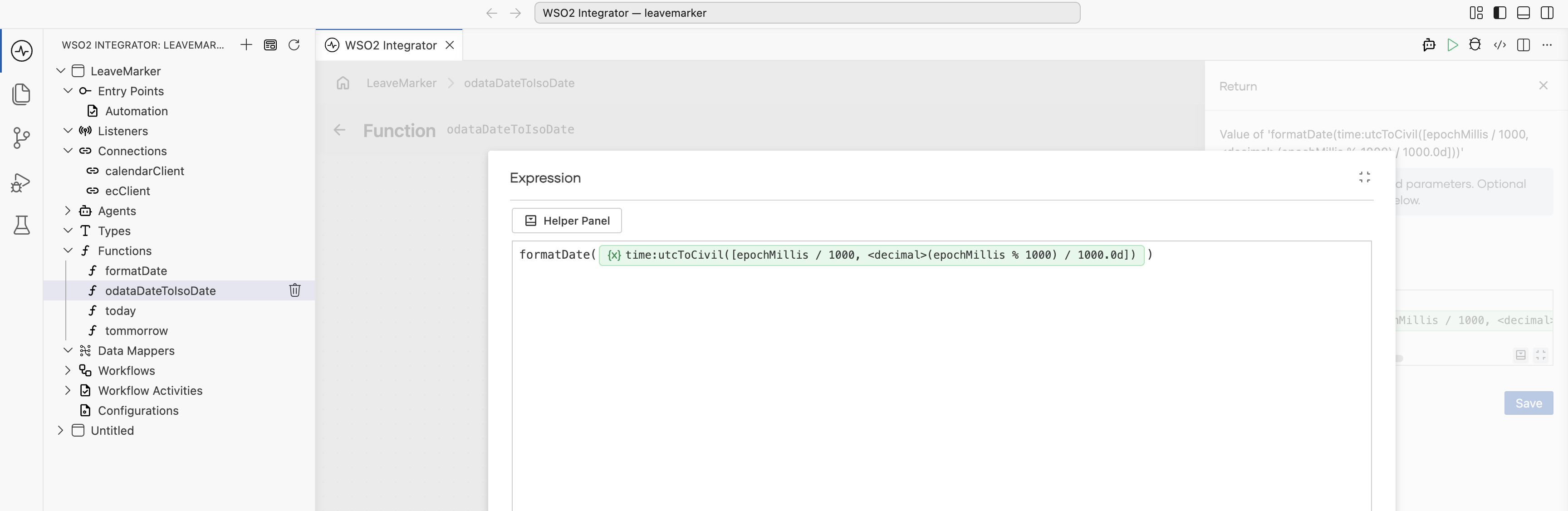 Expression editor with formatDate wrapping a time:utcToCivil call that splits epochMillis into seconds and a decimal fraction