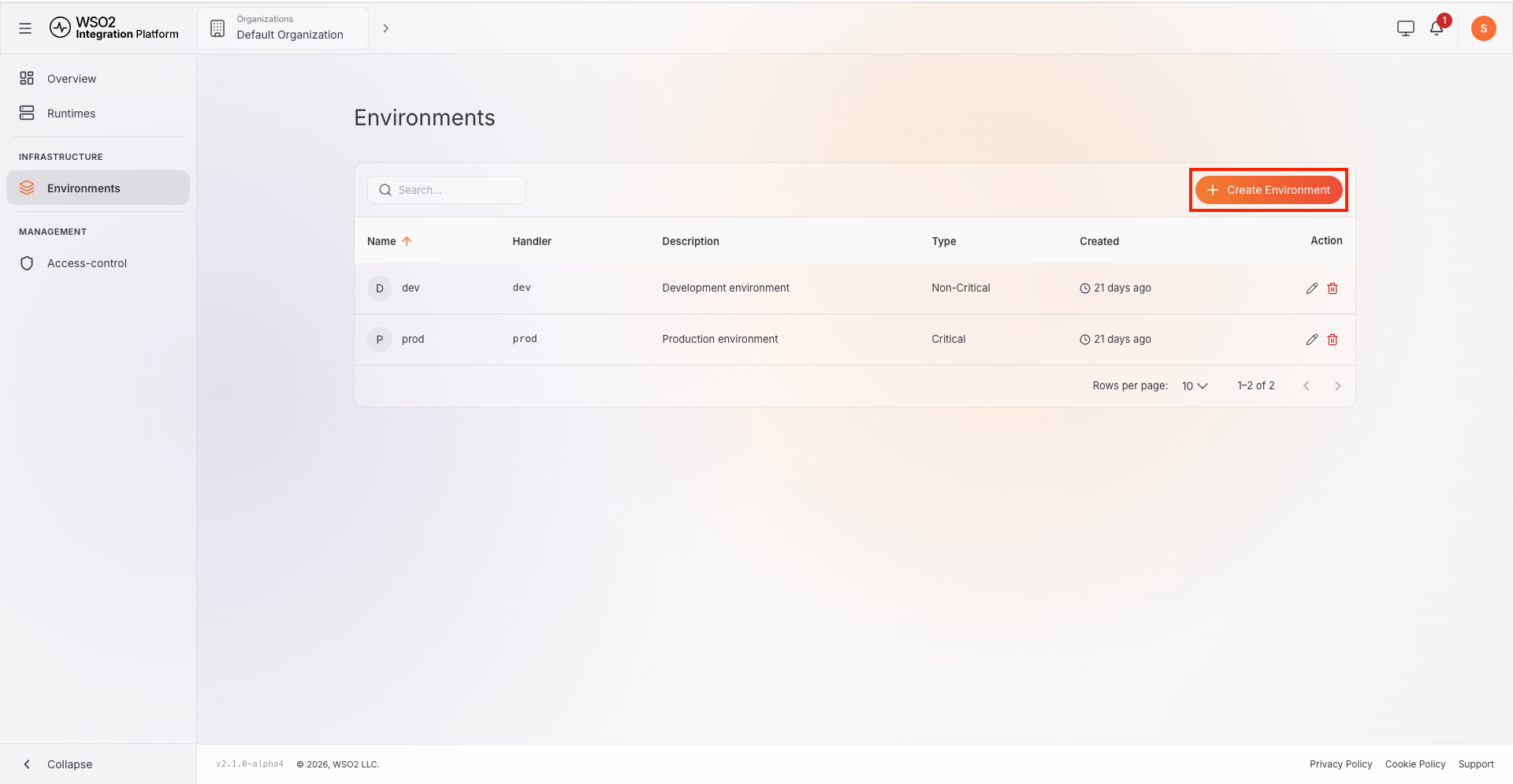 Environments page with the Create Environment button highlighted