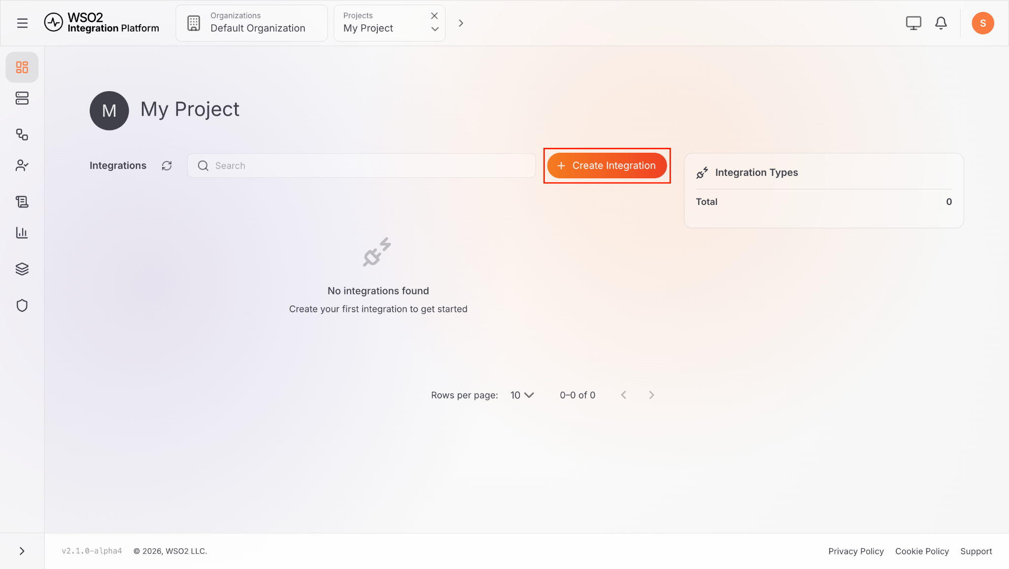 Project home page with the Create Integration button highlighted