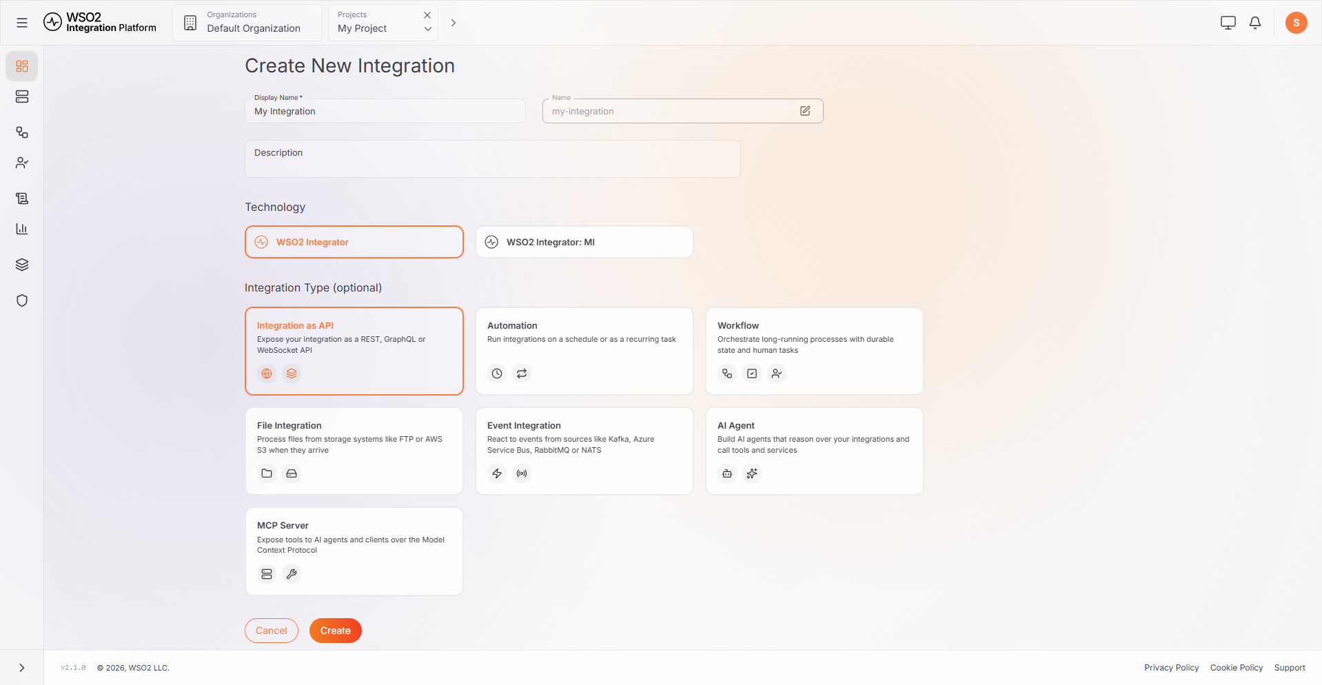 Create New Integration form with Technology and Integration Type options