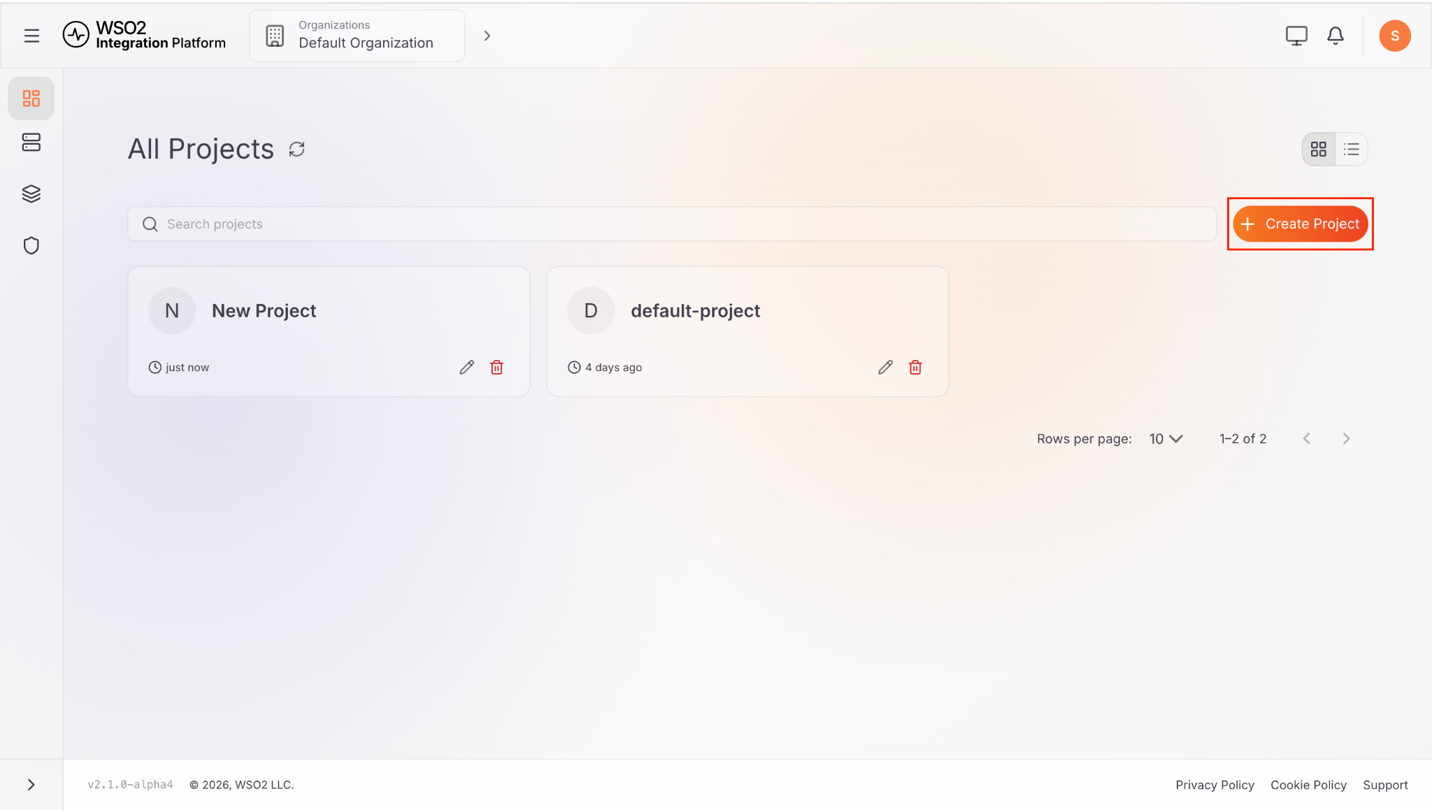 All Projects page with the Create Project button highlighted