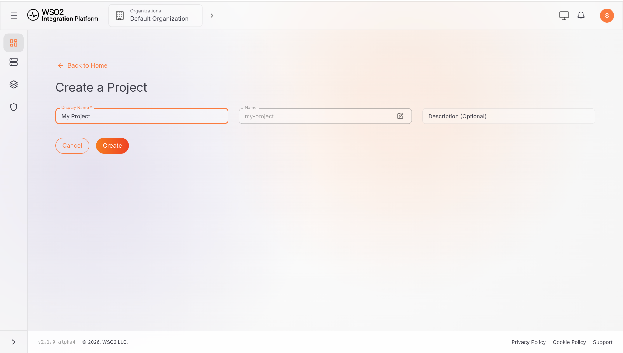 Create a Project form with Display Name set to My Project