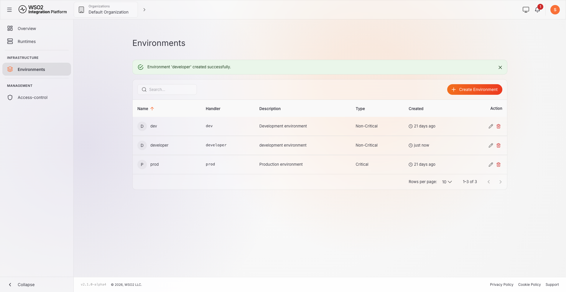 Environments page showing the newly created environment