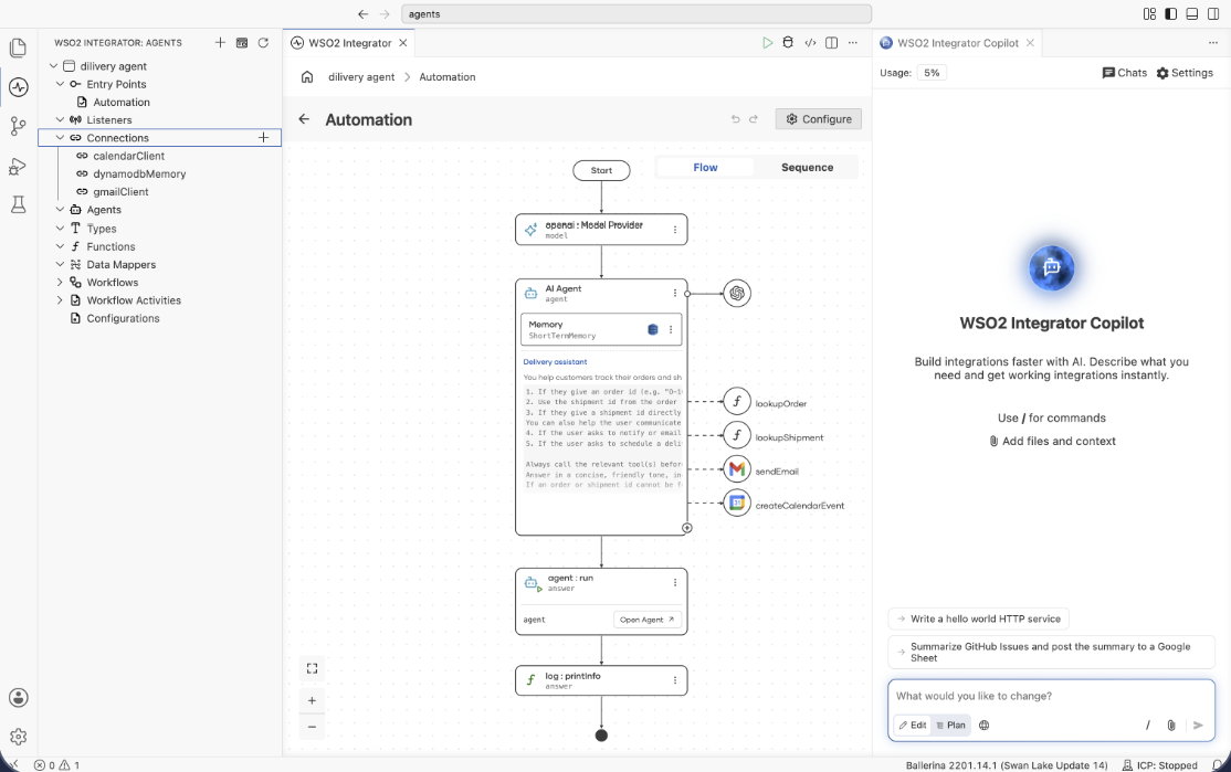 WSO2 Integrator showing an AI agent automation flow alongside the Copilot panel