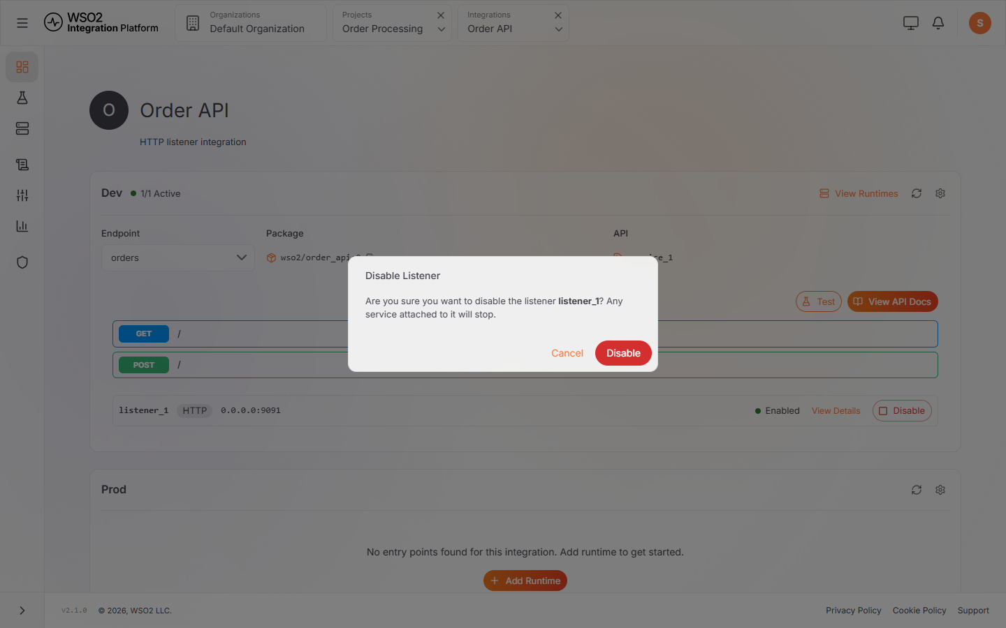 Listener row with View Details and Disable buttons, and the disable confirmation dialog