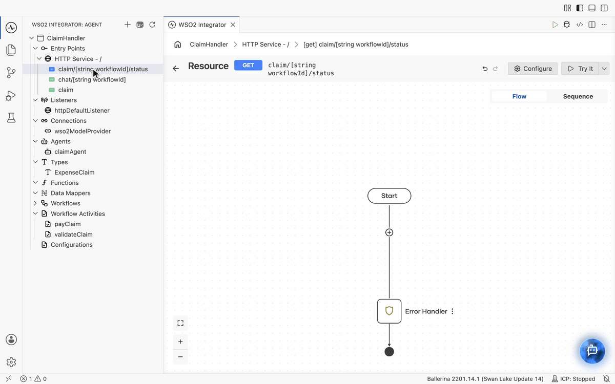 Adding a Get Agent Result step to the claim status resource, selecting claimAgent and setting the instance ID from workflowId