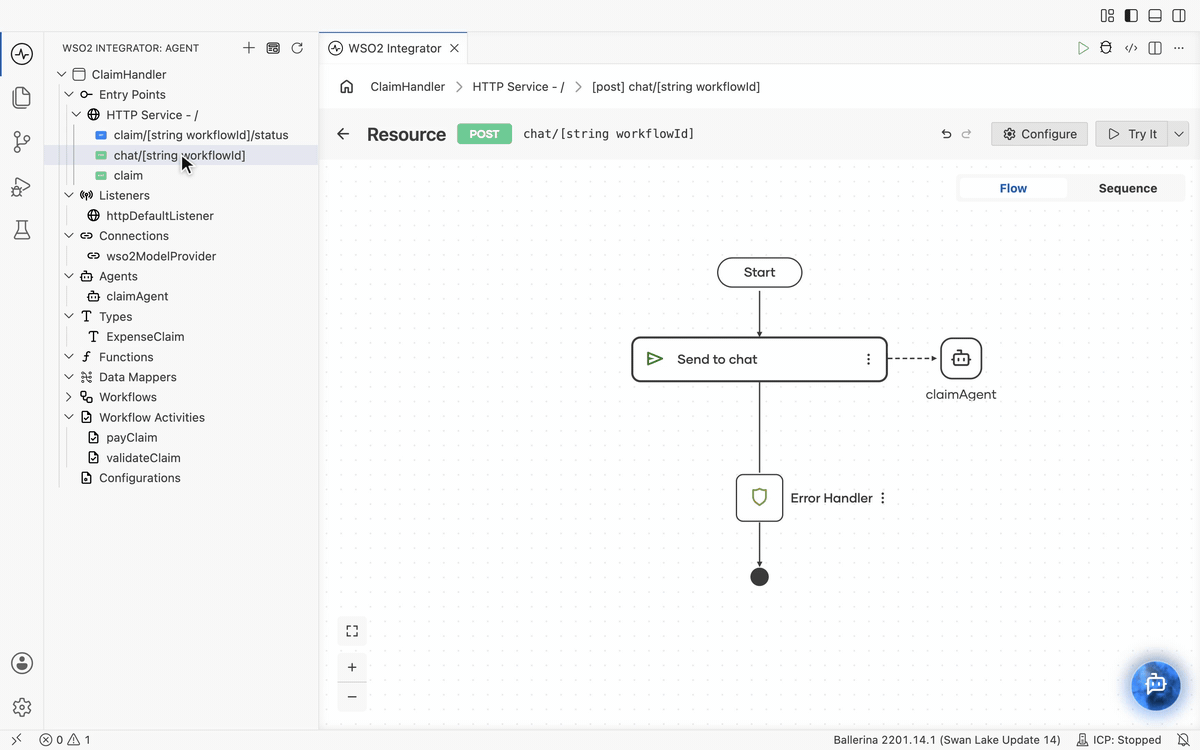 Adding a Get Data Event Result step after the send step, setting the instance ID and the eventToken correlation token with Wait for Answer selected