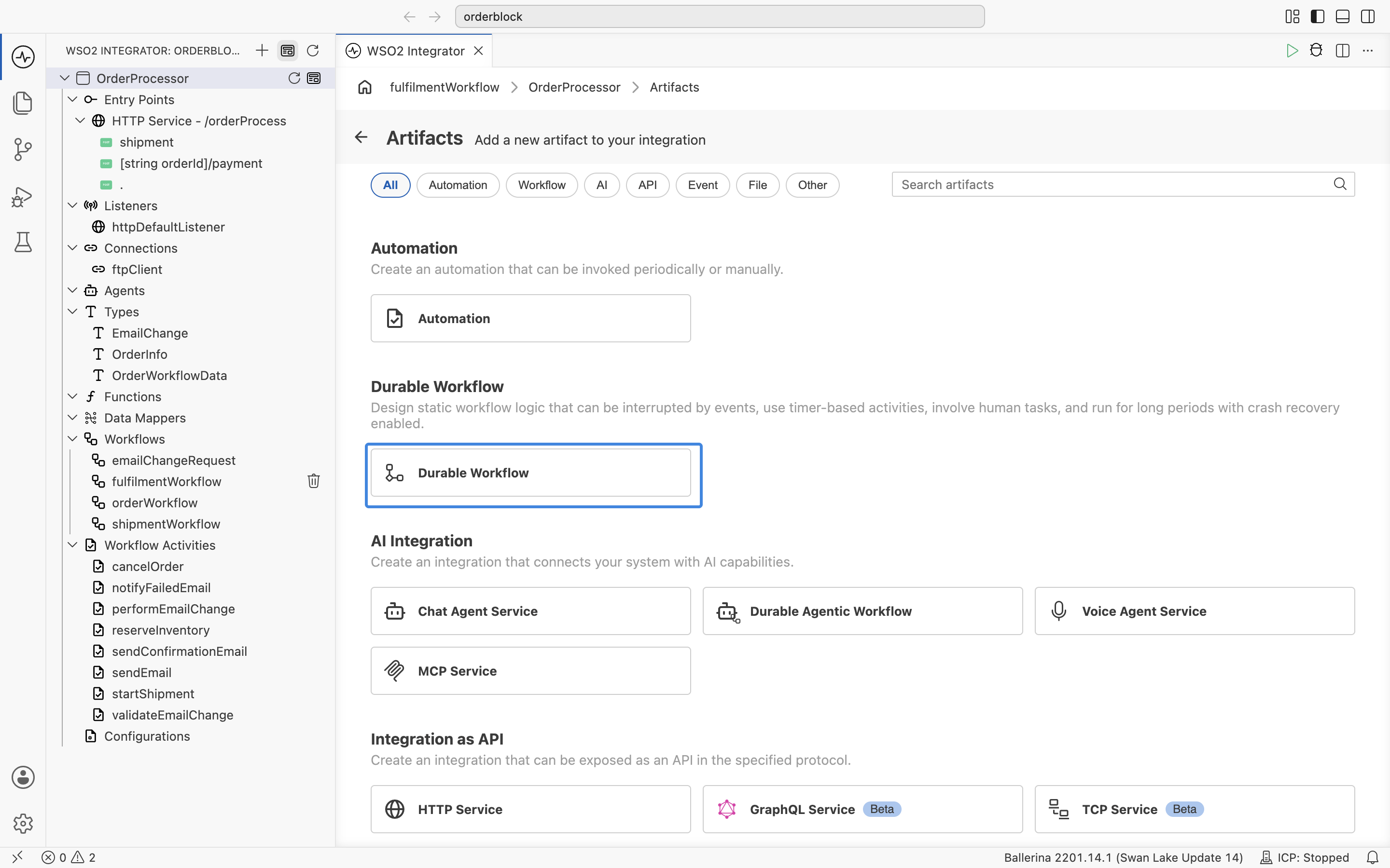The Artifacts page with the Durable Workflow card under the Durable Workflow section