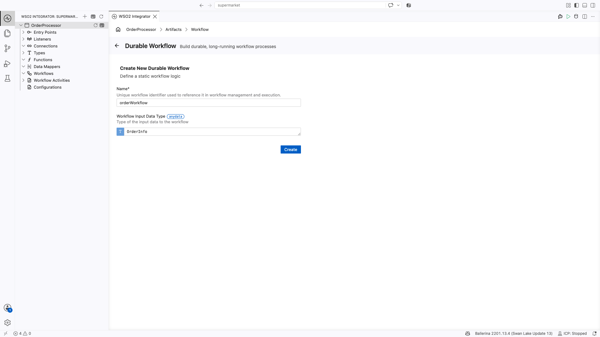 The Create New Durable Workflow form with Name set to orderWorkflow and Workflow Input Data Type set to OrderInfo