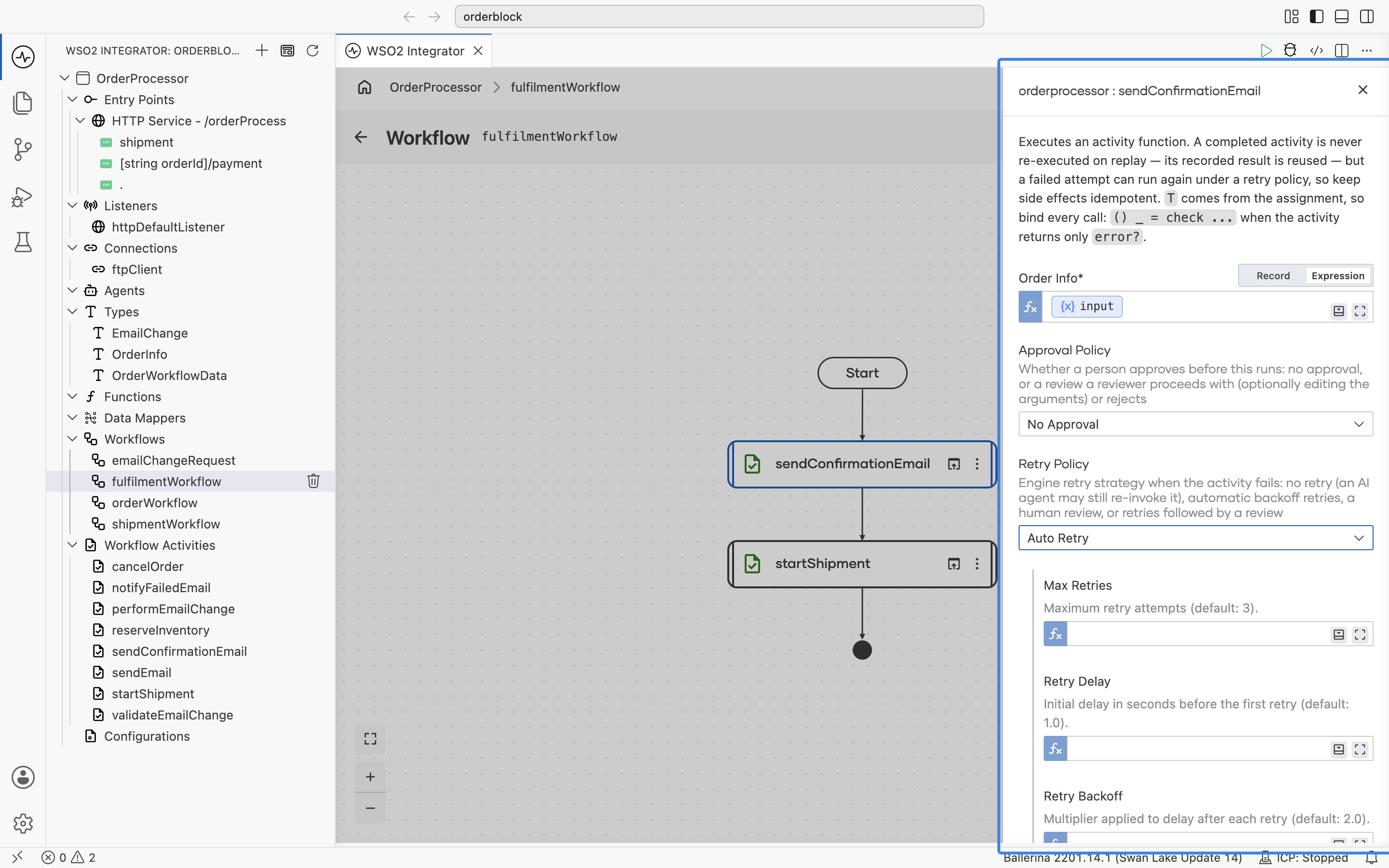 The activity call form with Auto Retry chosen, showing Max Retries, Retry Delay, Retry Backoff, and Max Retry Delay