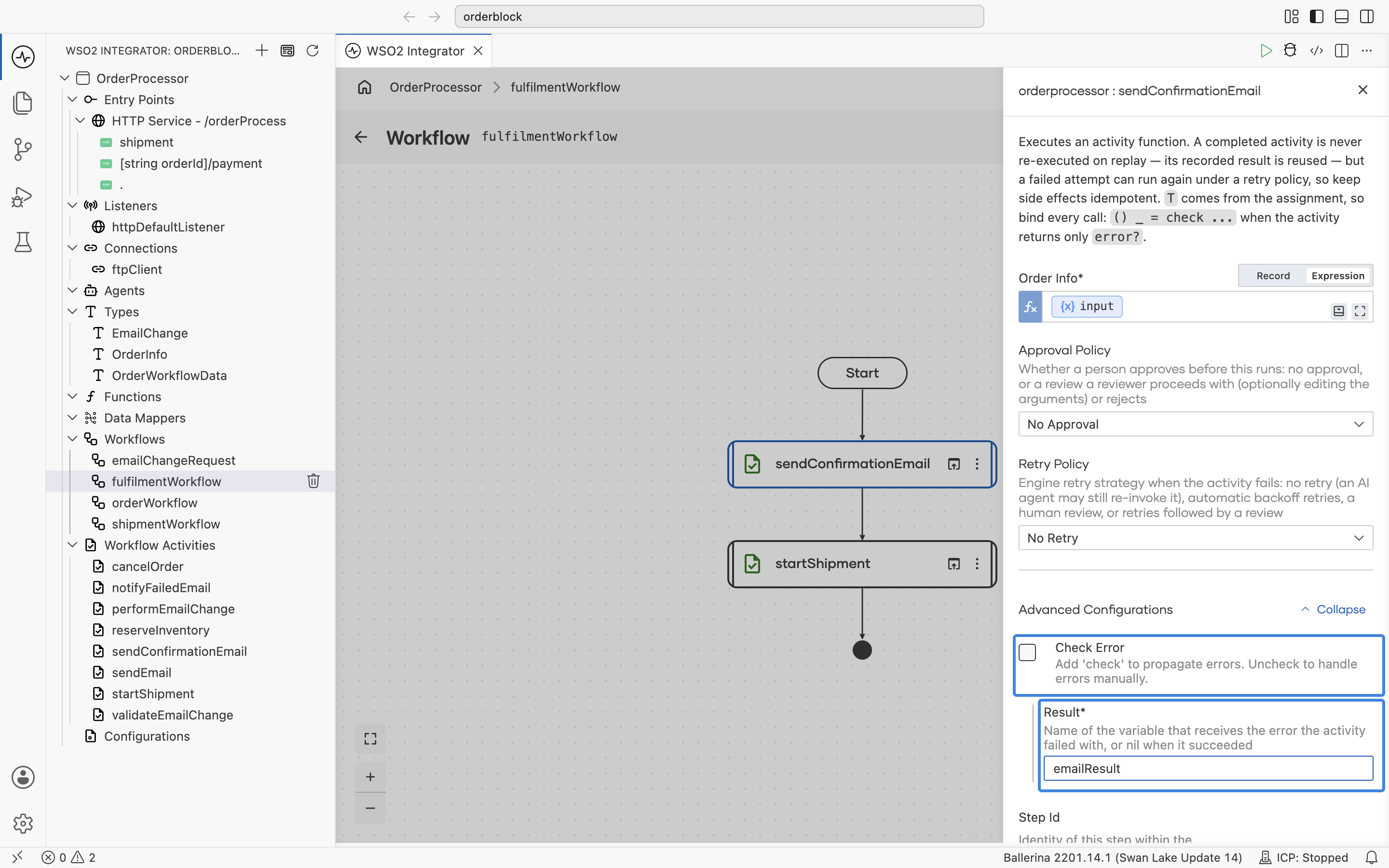 The activity call's Advanced Configurations with Check Error cleared and the Result variable named emailResult