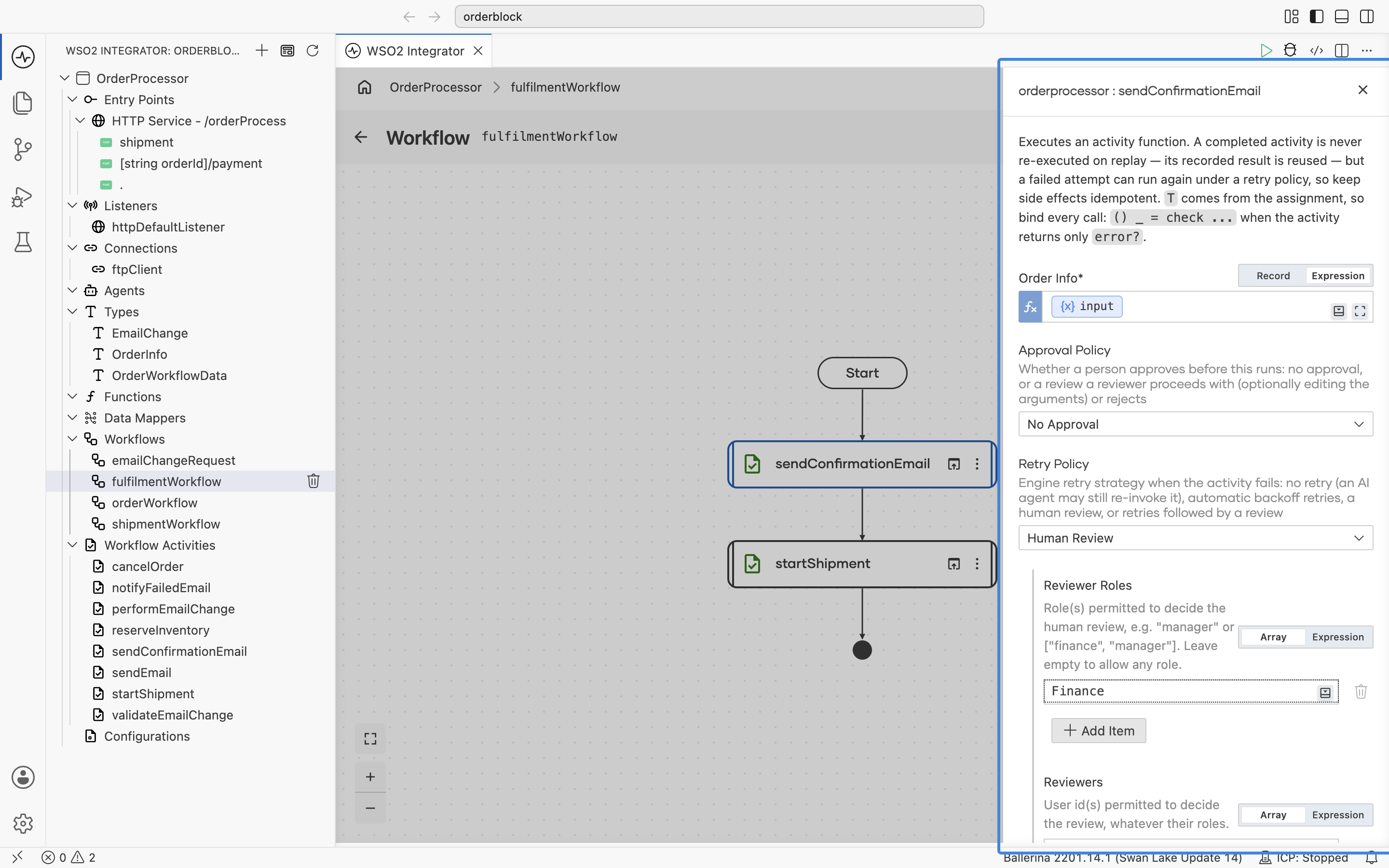 The activity call form with Human Review chosen, showing the Reviewer Roles field set to Finance
