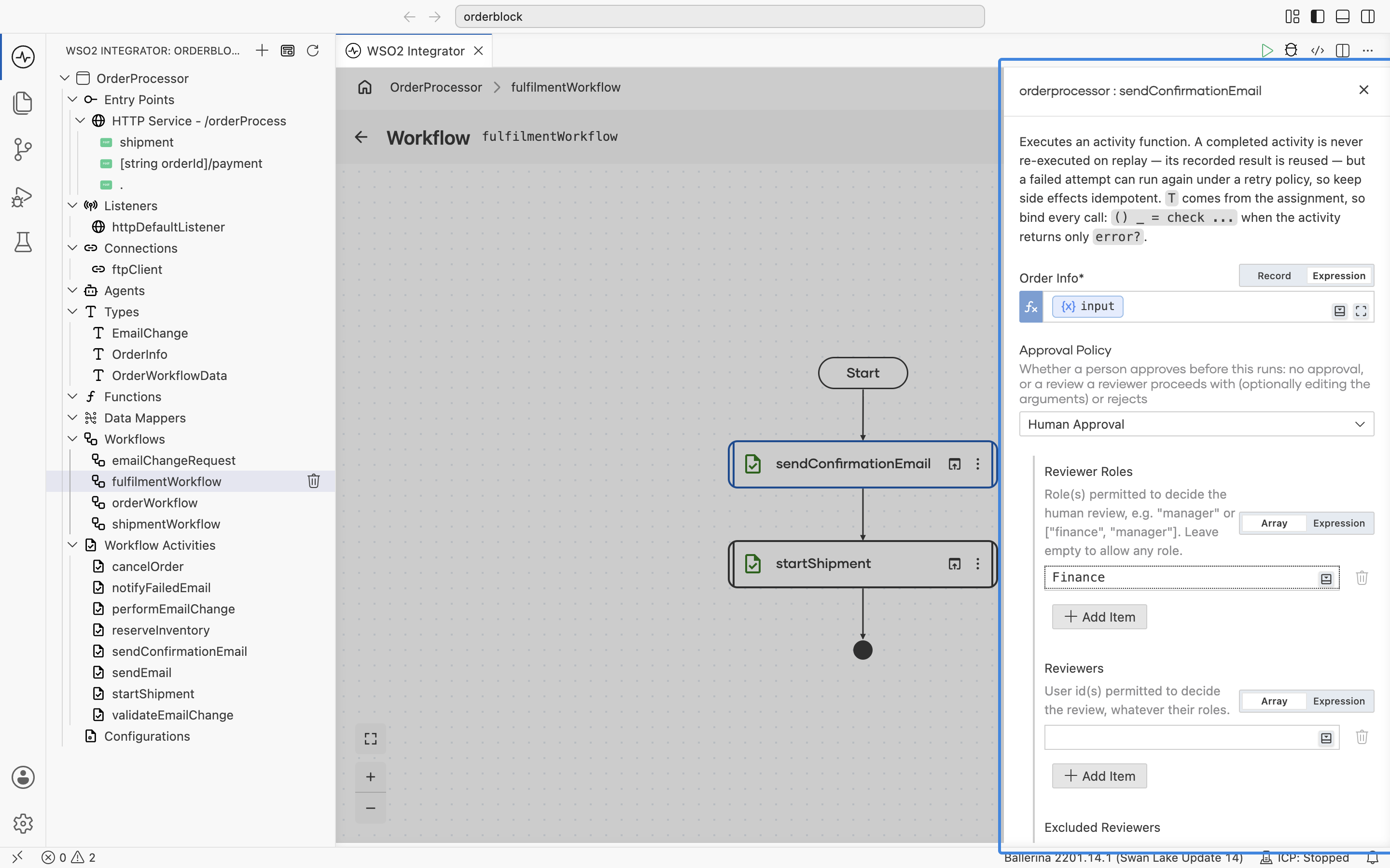 The activity call form with Approval Policy set to Human Approval and Reviewer Roles set to Finance